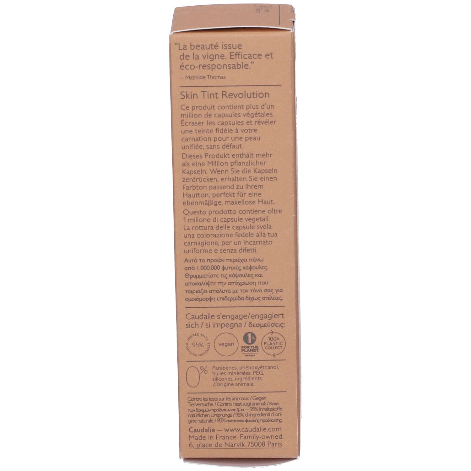 Retro della confezione Caudalie Vinocrush. Testo multilingue, ingredienti, certificazioni e logo.