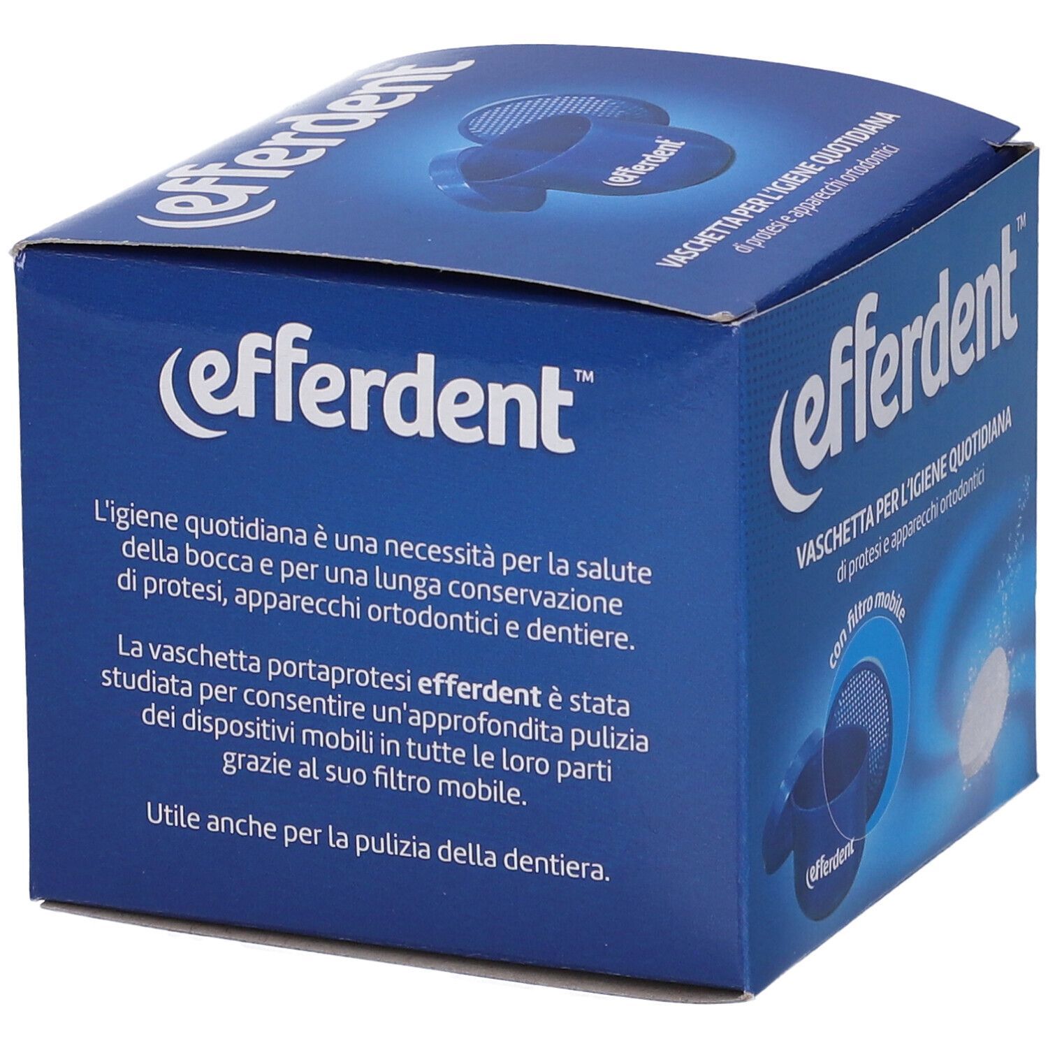 Scatola blu 'Efferdent'. Testo: 'Vaschetta per l'igiene quotidiana'. Contiene vaschetta portaprotesi. Descrizione in italiano.
