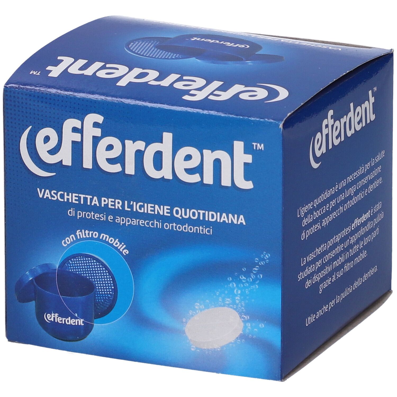 Scatola blu 'Efferdent'. Contiene vaschetta portaprotesi e compressa. Testo: 'Vaschetta per l'igiene quotidiana'.