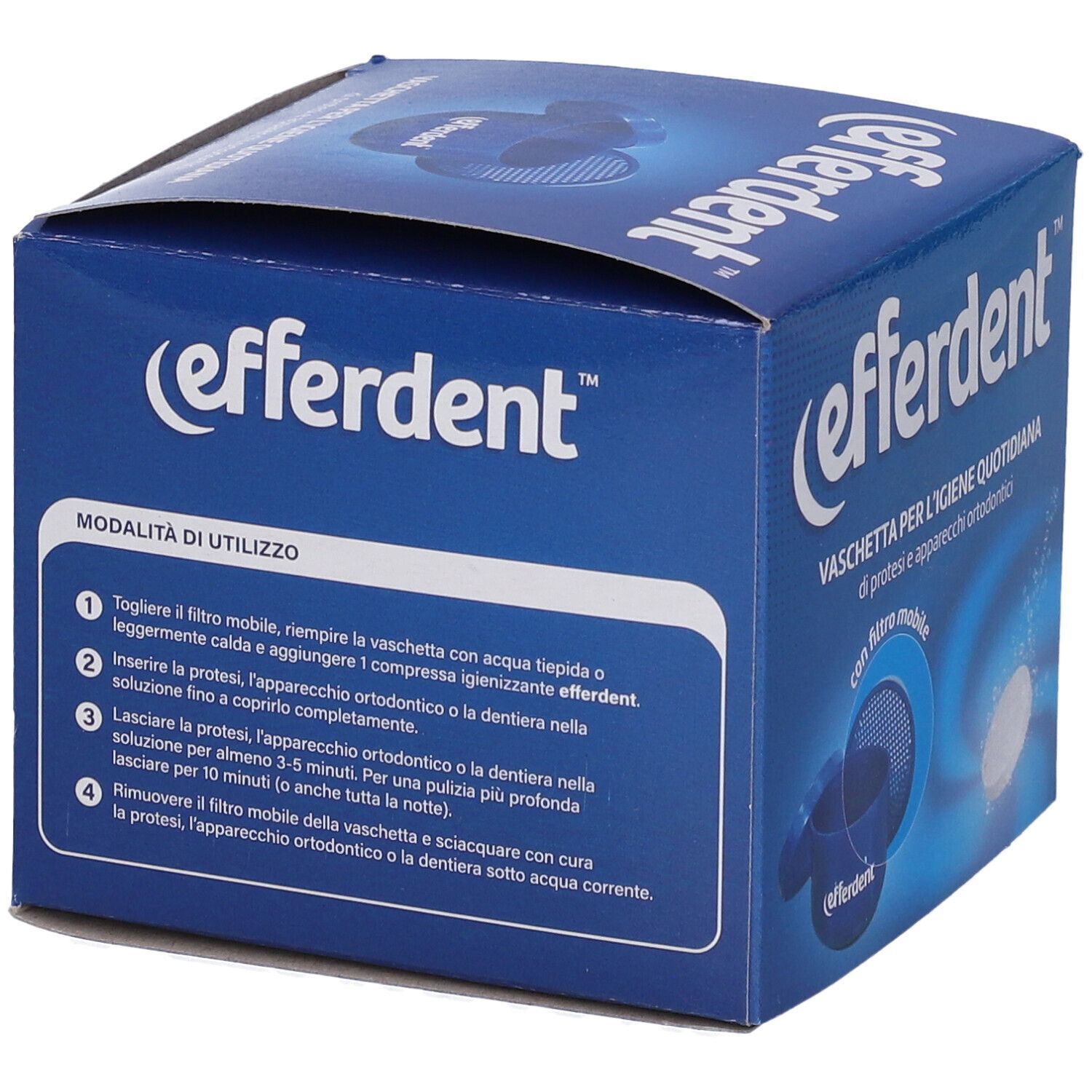 Scatola blu 'Efferdent'. Contiene vaschetta portaprotesi. Istruzioni in italiano. Testo: 'Vaschetta per l'igiene quotidiana'.