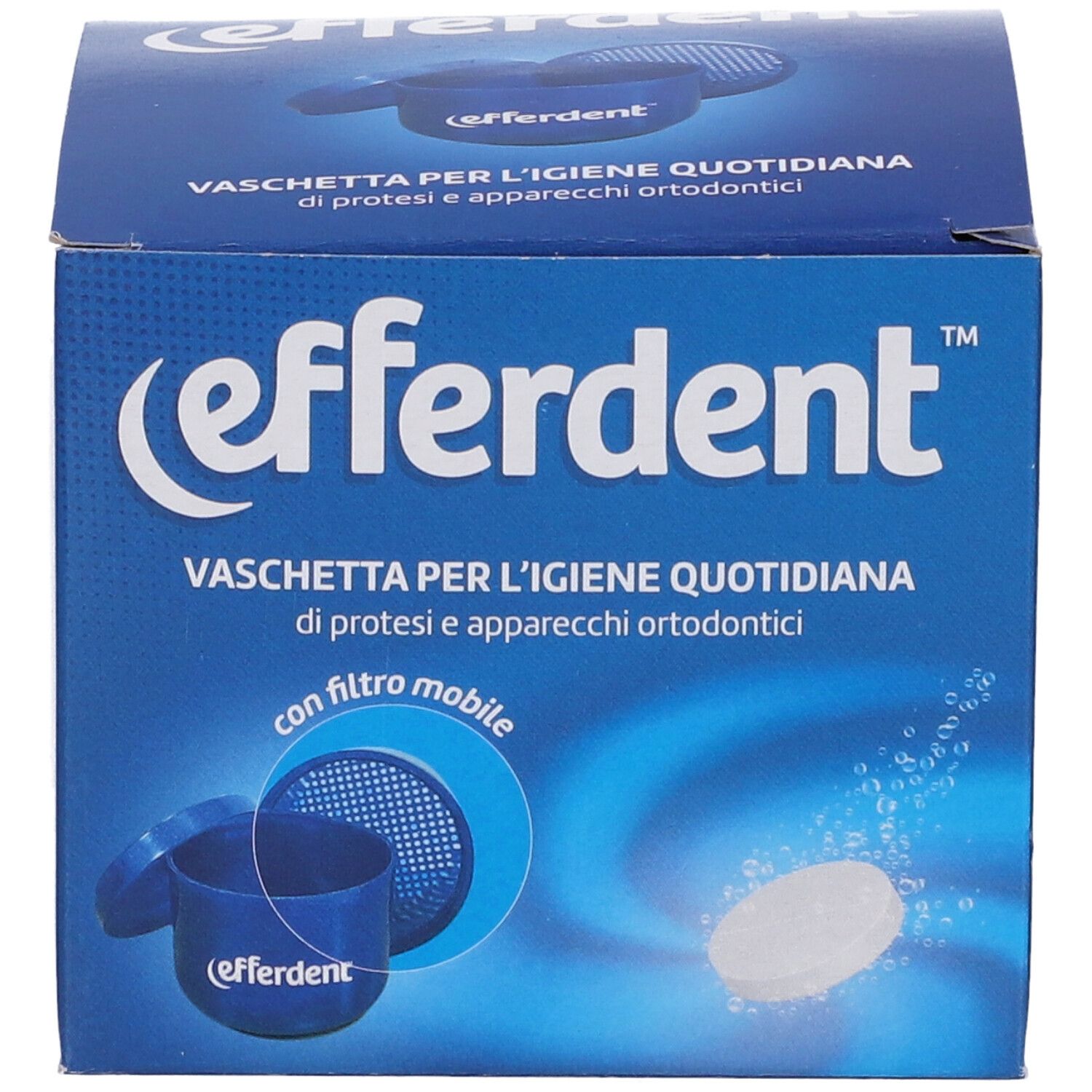 Scatola blu 'Efferdent'. Contiene vaschetta portaprotesi e compressa. Testo: 'Vaschetta per l'igiene quotidiana'.