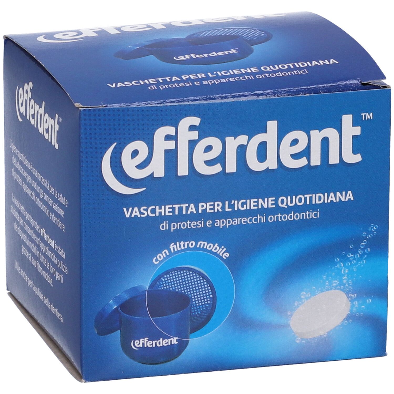 Scatola blu 'Efferdent'. Contiene vaschetta portaprotesi e compressa. Testo: 'Vaschetta per l'igiene quotidiana'.