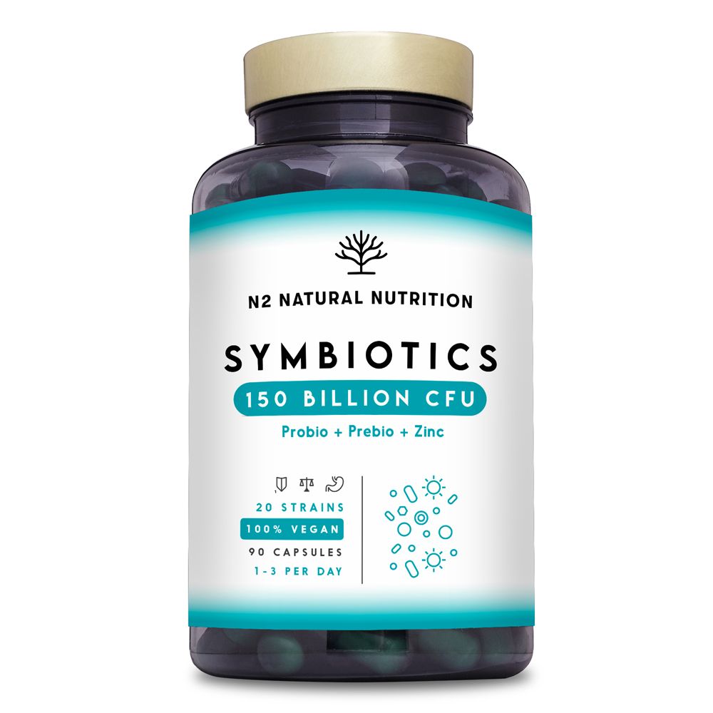 Flacone scuro con etichetta bianca. Scritta: N2 Natural Nutrition Symbiotics 150 Billion CFU. 90 capsule.
