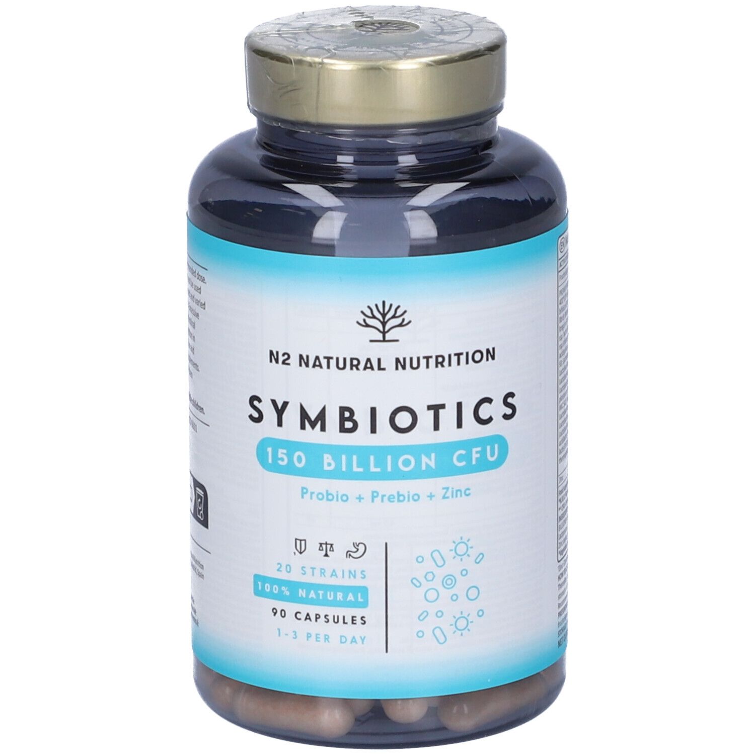 Flacone scuro con etichetta bianca. Scritta: N2 Natural Nutrition Symbiotics 150 Billion CFU. 90 capsule.