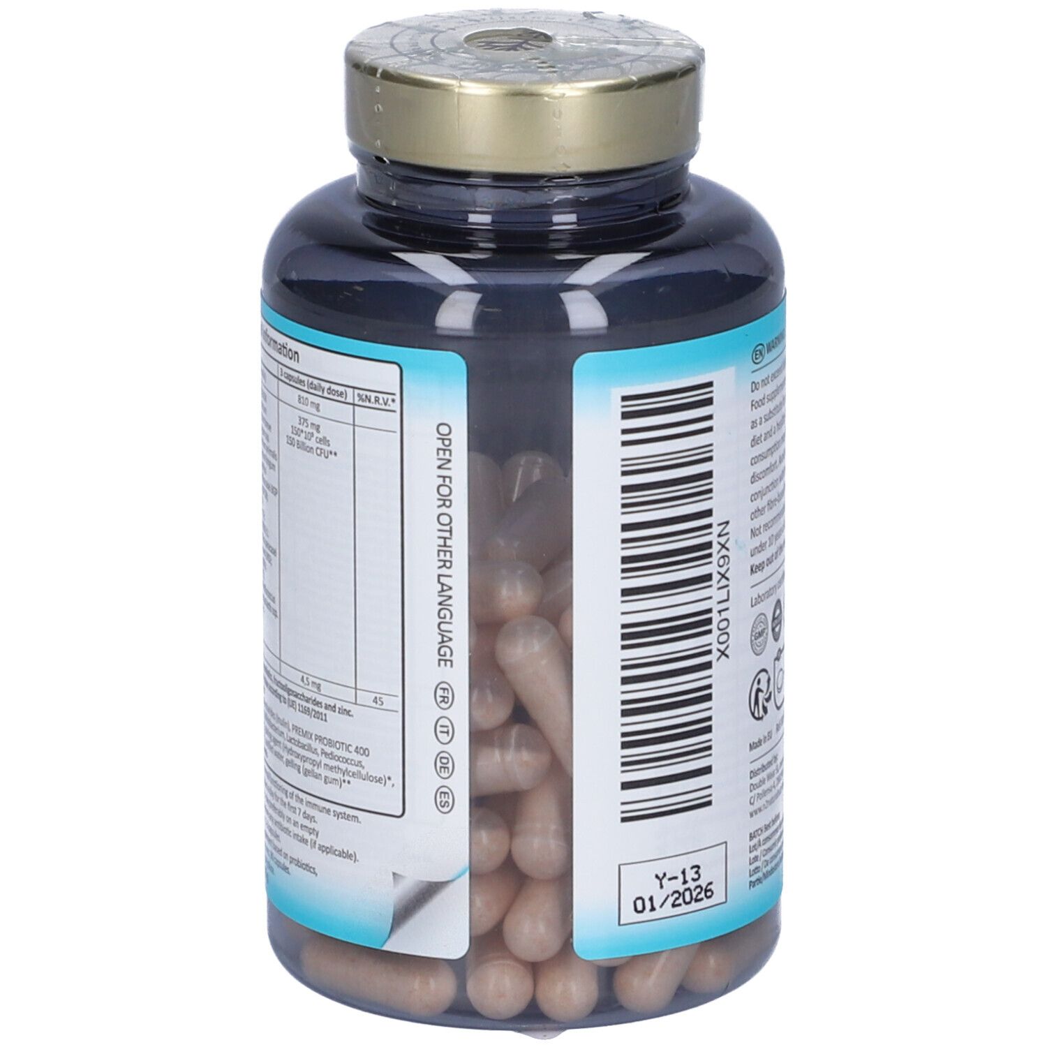Retro del flacone. Contiene informazioni nutrizionali e avvertenze. Capsule visibili.