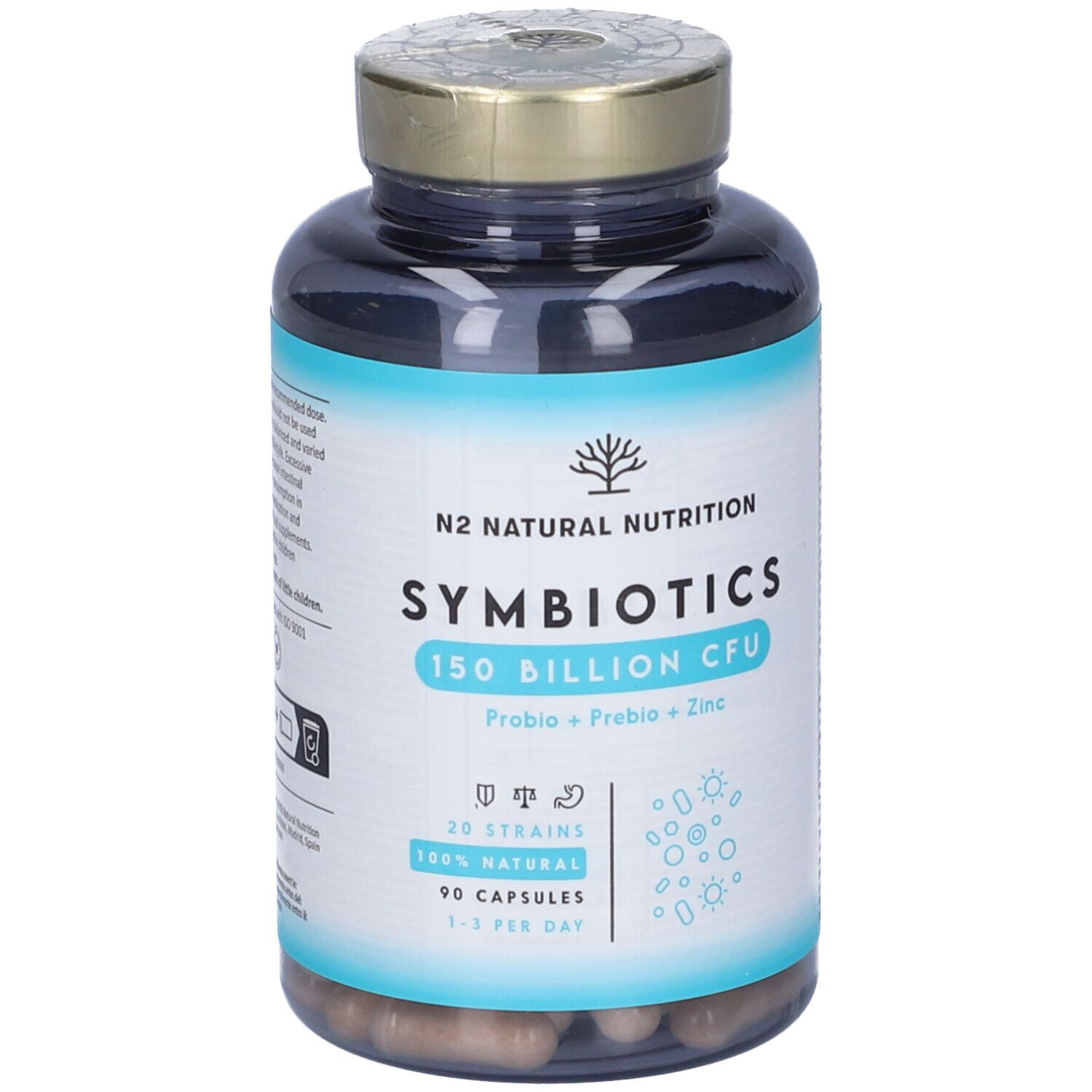 Flacone scuro con etichetta bianca. Scritta: N2 Natural Nutrition Symbiotics 150 Billion CFU. 90 capsule.