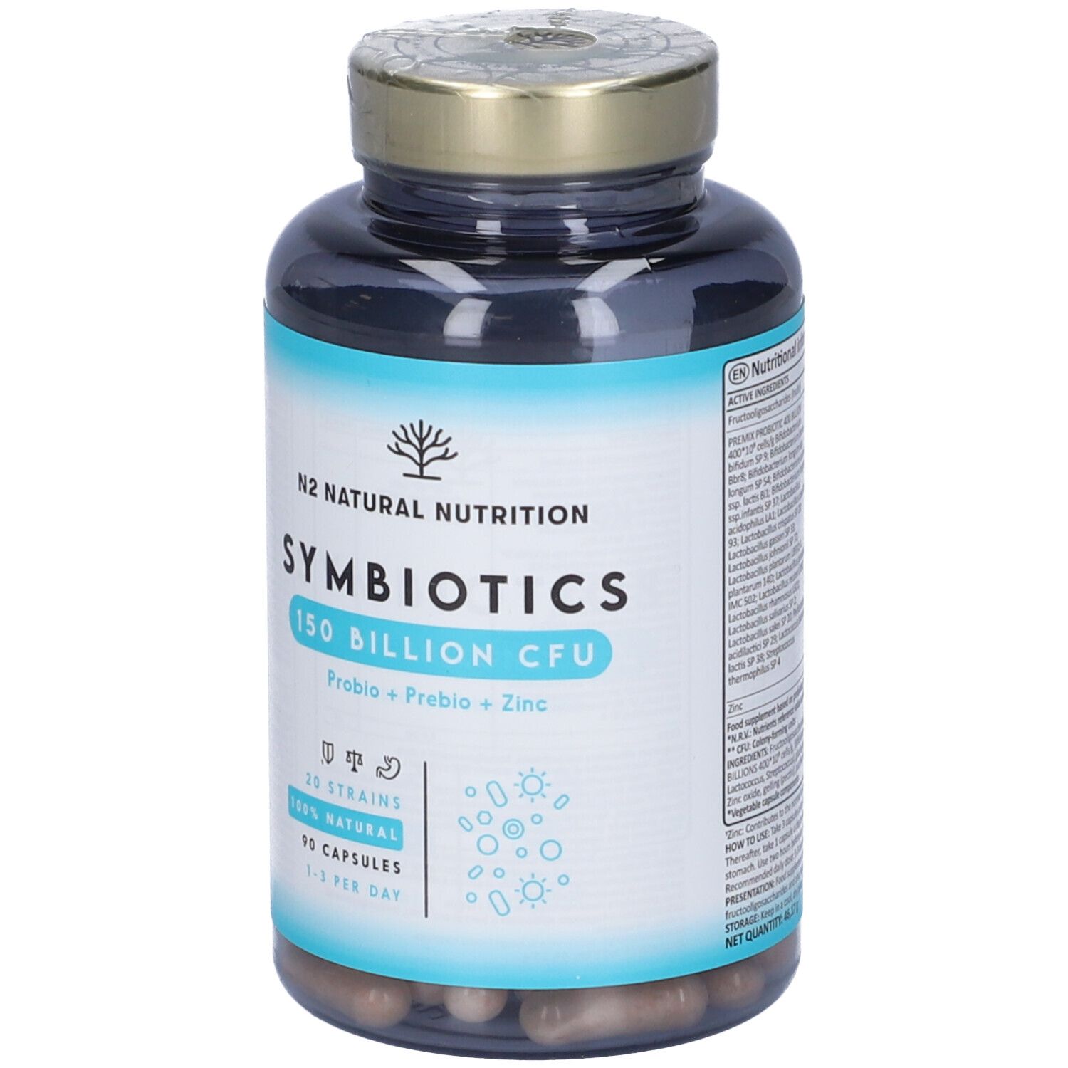 Flacone scuro con etichetta bianca. Scritta: N2 Natural Nutrition Symbiotics 150 Billion CFU. 90 capsule.