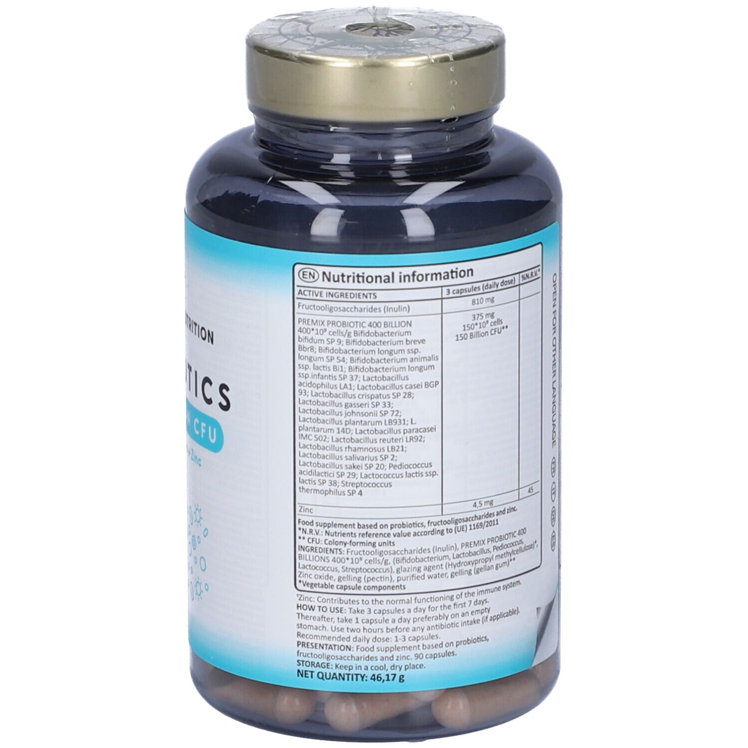 Retro del flacone. Contiene informazioni nutrizionali e ingredienti. Contiene 90 capsule.