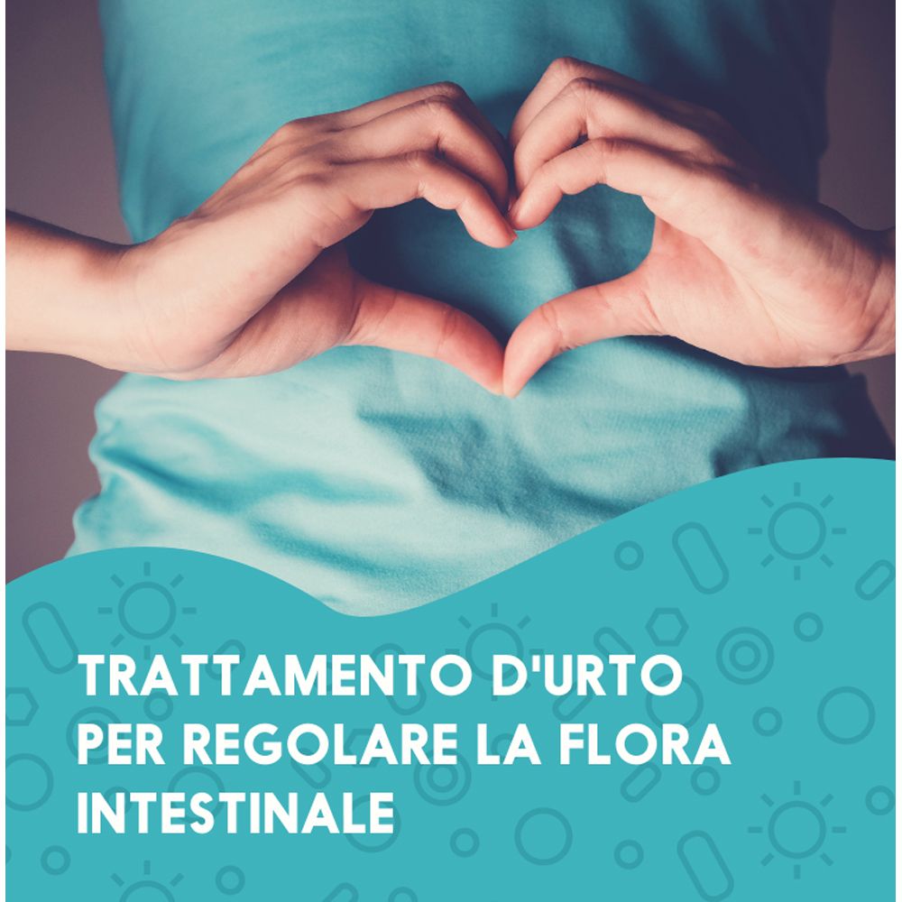 Mani formano un cuore sopra la pancia. Testo: Trattamento per regolare la flora intestinale.
