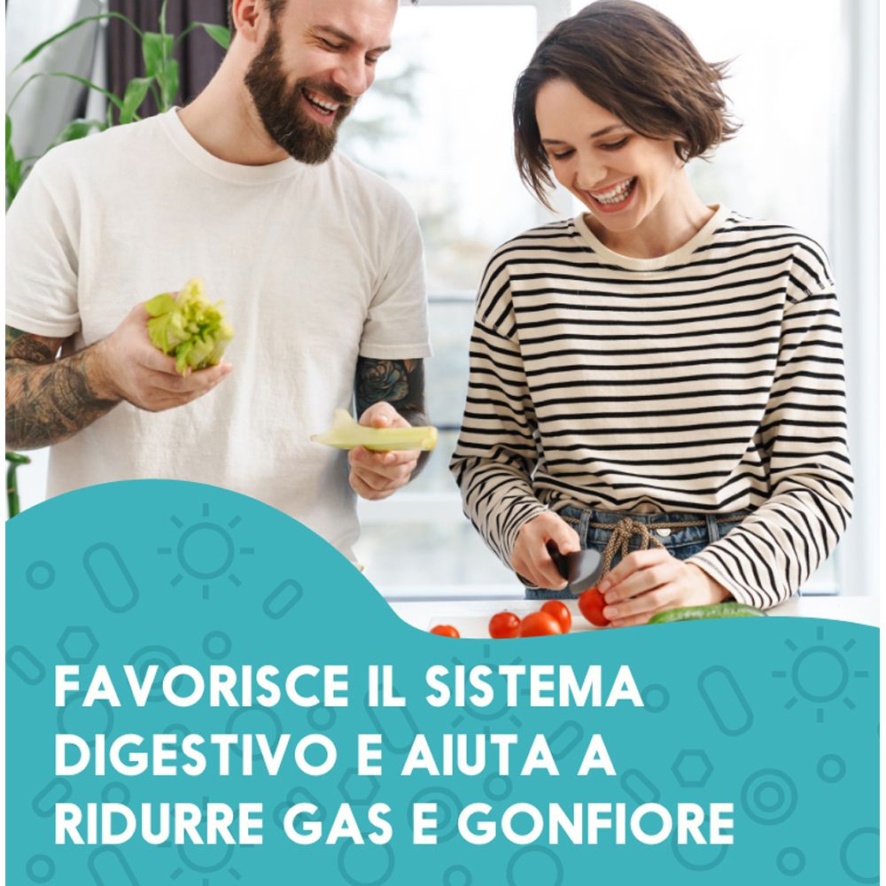 Coppia in cucina, taglia verdure. Testo: Favorisce il sistema digestivo e riduce i gas.