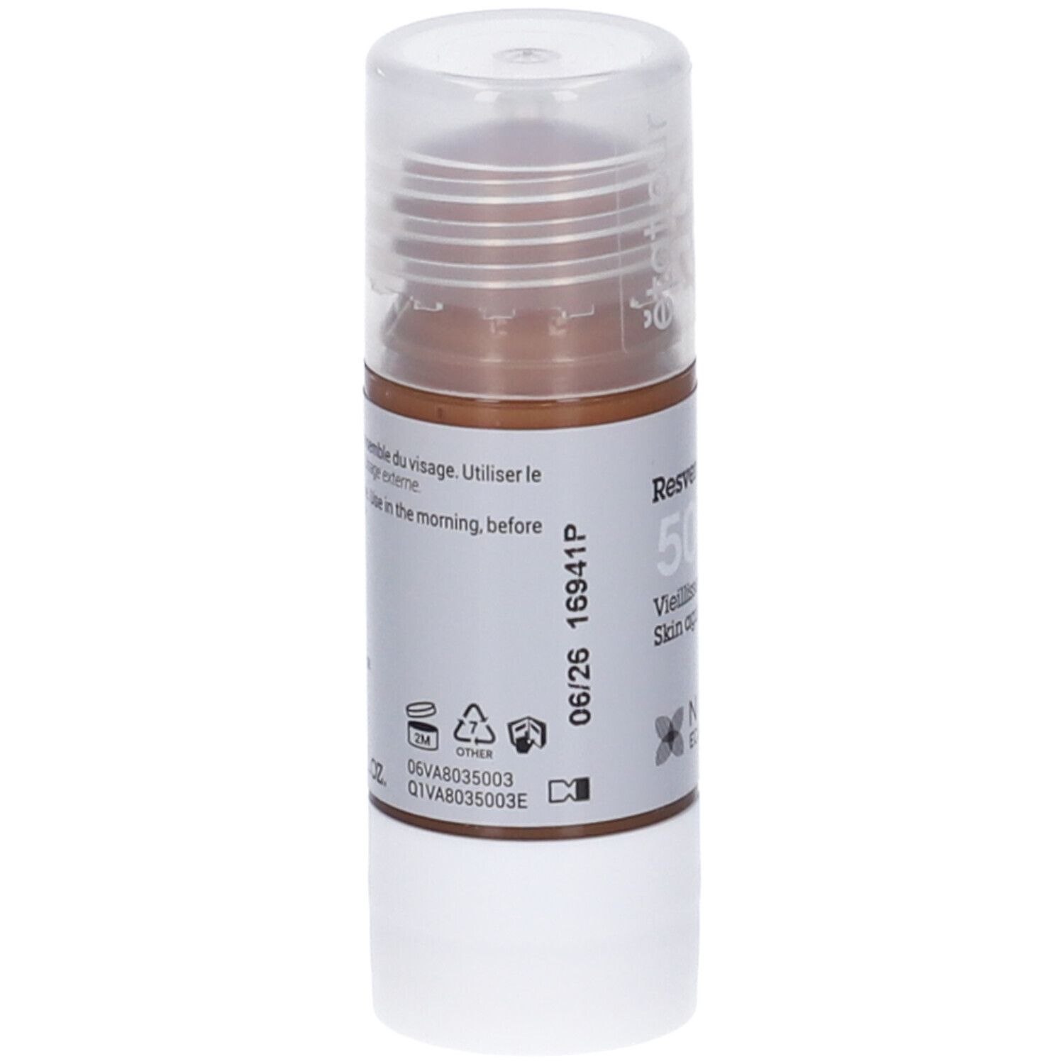 Piccola bottiglia con liquido marrone. Scritta: Resveratrolo 500 ppm, anti-età. NAOS Ecobiology.