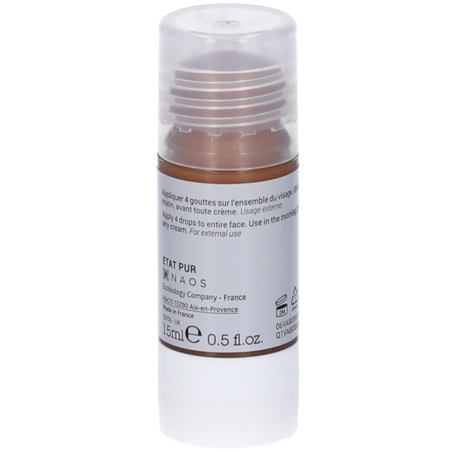 Piccola bottiglia con liquido marrone. Scritta: Resveratrolo 500 ppm, anti-età. NAOS Ecobiology.