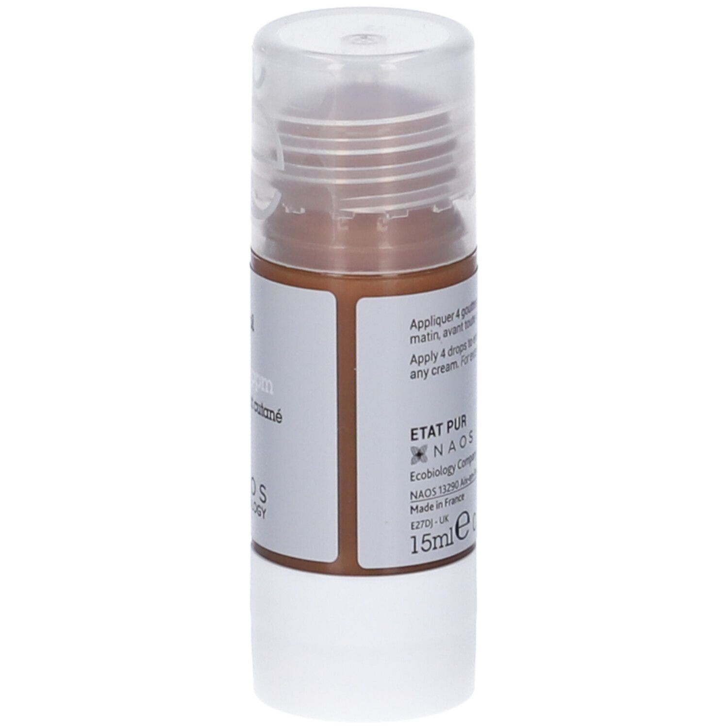 Piccola bottiglia con liquido marrone. Scritta: Resveratrolo 500 ppm, anti-età. NAOS Ecobiology.