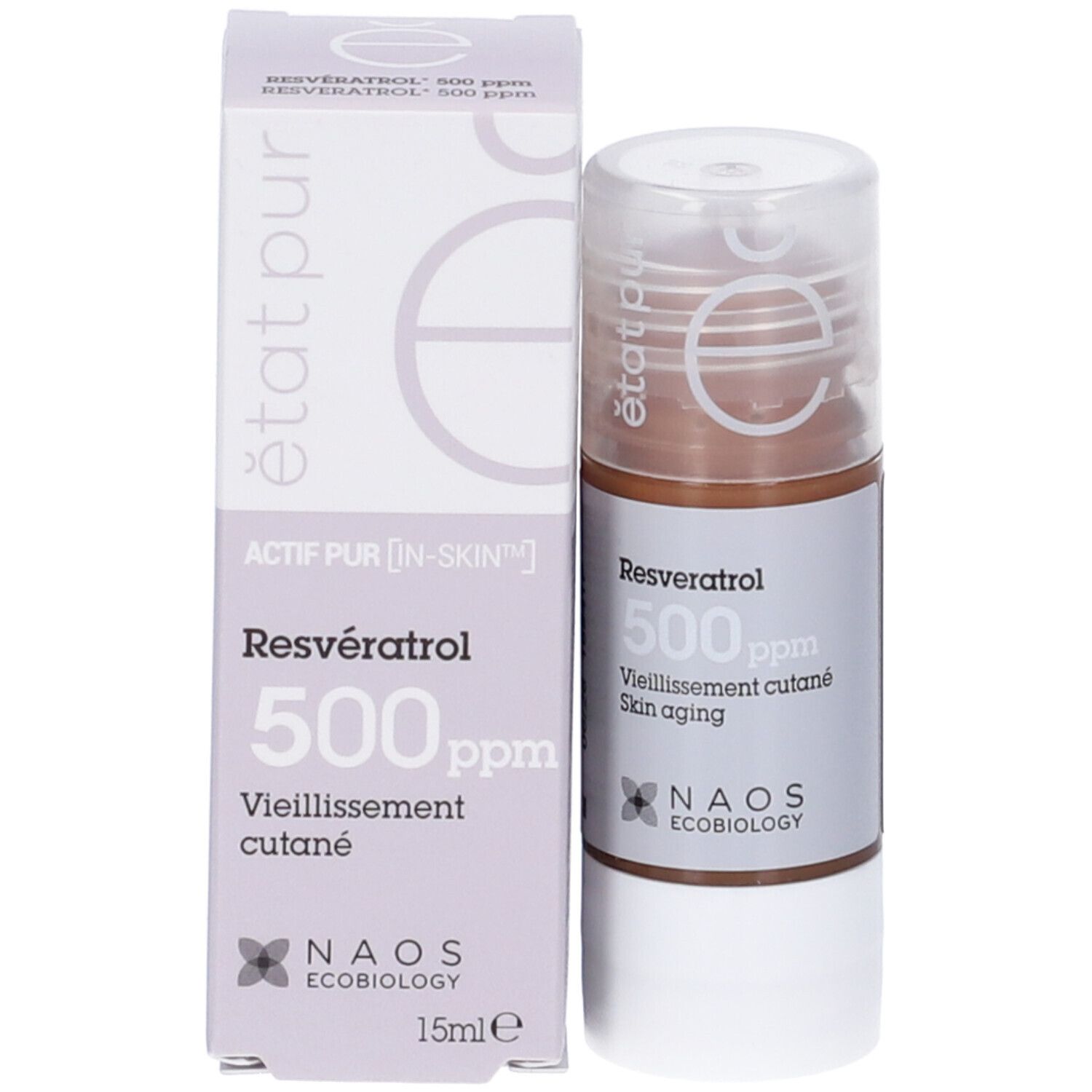 Flacone e confezione del prodotto. Scritta: Resveratrolo 500 ppm, anti-età. NAOS Ecobiology. 15ml.