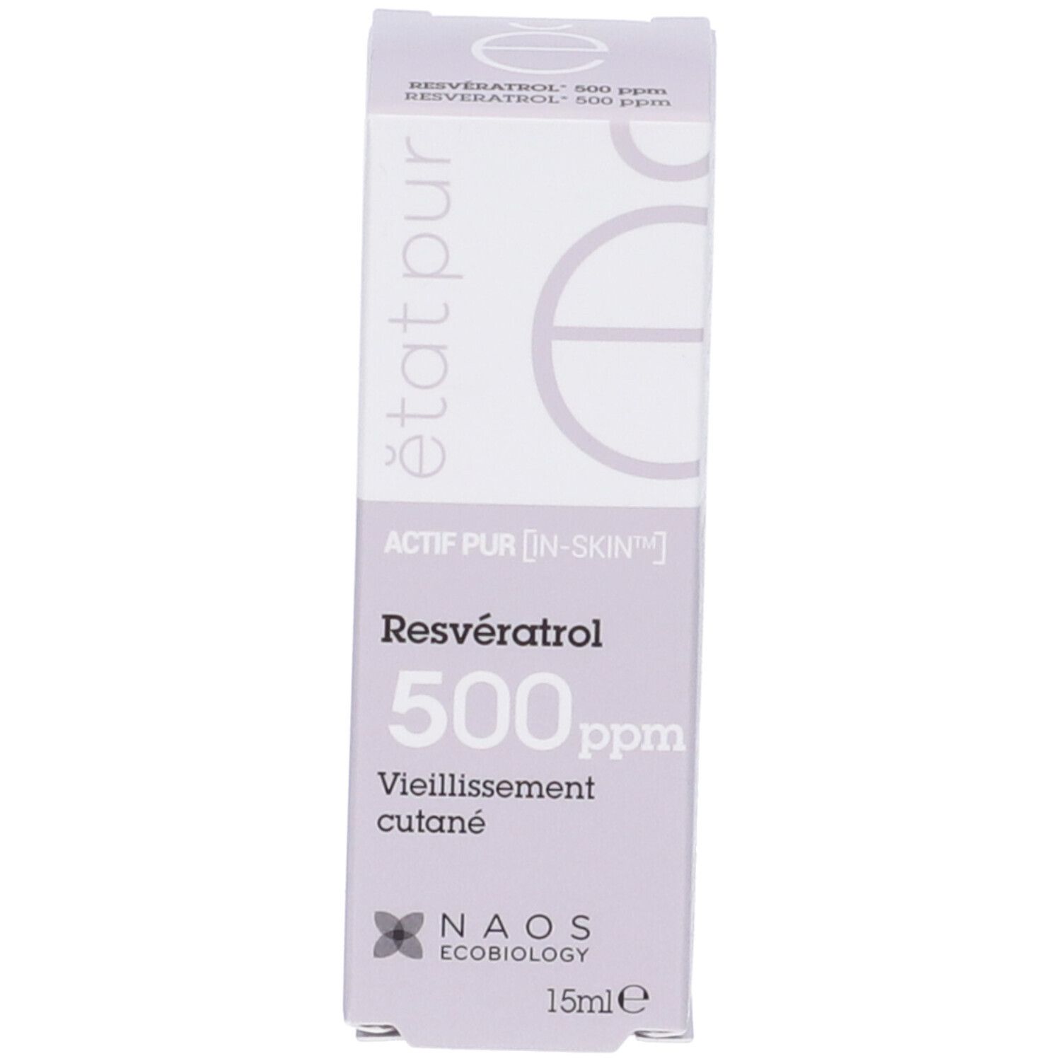 Confezione del prodotto. Scritta: Resveratrolo 500 ppm, anti-età. NAOS Ecobiology. 15ml.