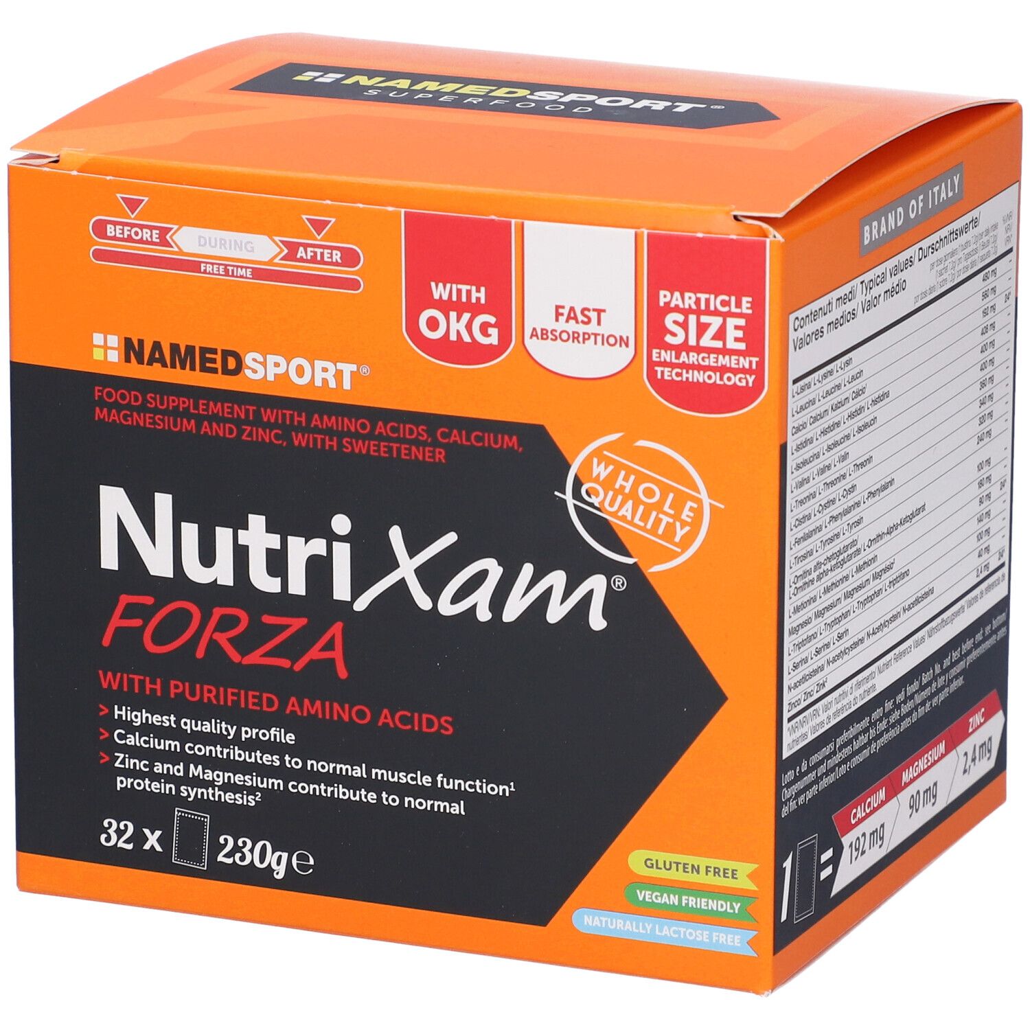 Scatola arancione con 'NutriXam Forza' e logo 'NAMEDSPORT'. Contiene 32 bustine, 230g. Contiene aminoacidi, calcio, magnesio, zinco.