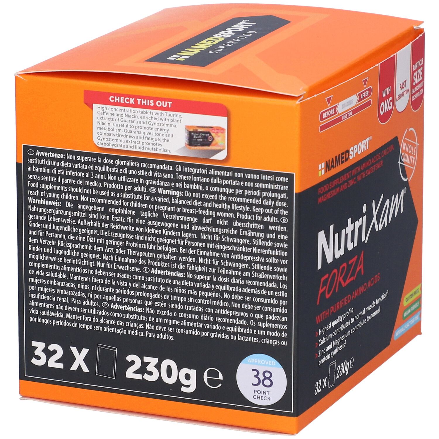 Retro della scatola arancione. Testo multilingue. Contiene 32 bustine, 230g. 'NutriXam Forza' con ingredienti e avvertenze.
