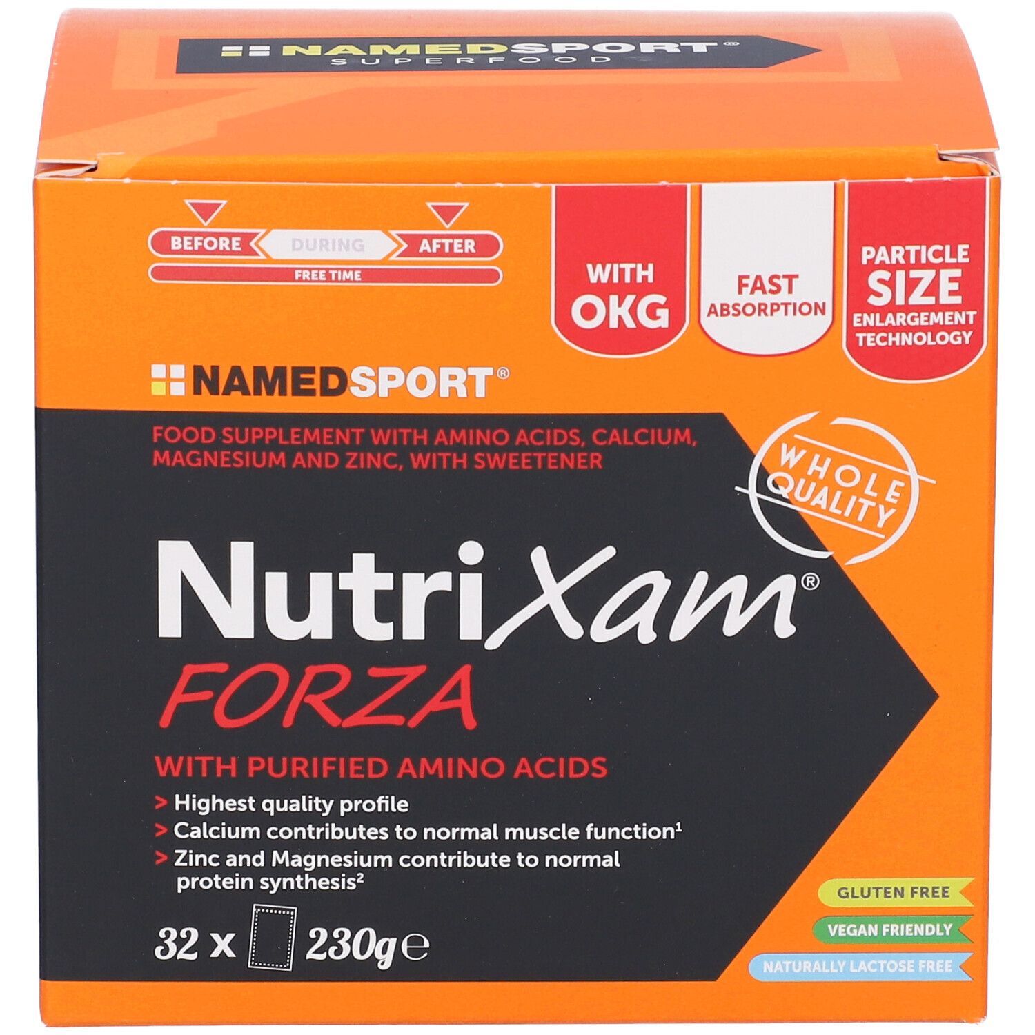 Scatola arancione con 'NutriXam Forza' e logo 'NAMEDSPORT'. Contiene 32 bustine, 230g. Contiene aminoacidi, calcio, magnesio, zinco.