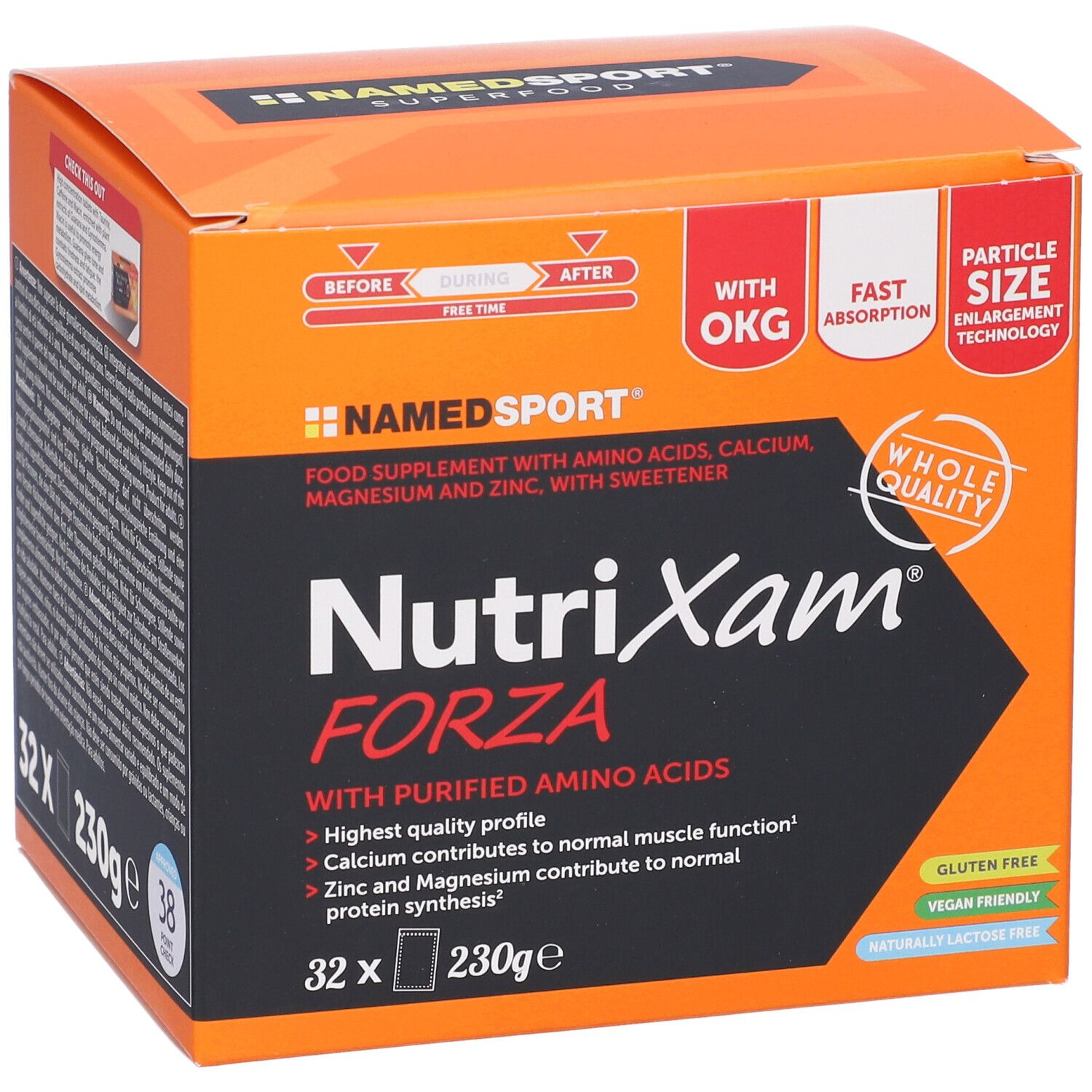 Scatola arancione con 'NutriXam Forza' e logo 'NAMEDSPORT'. Contiene 32 bustine, 230g. Contiene aminoacidi, calcio, magnesio, zinco.