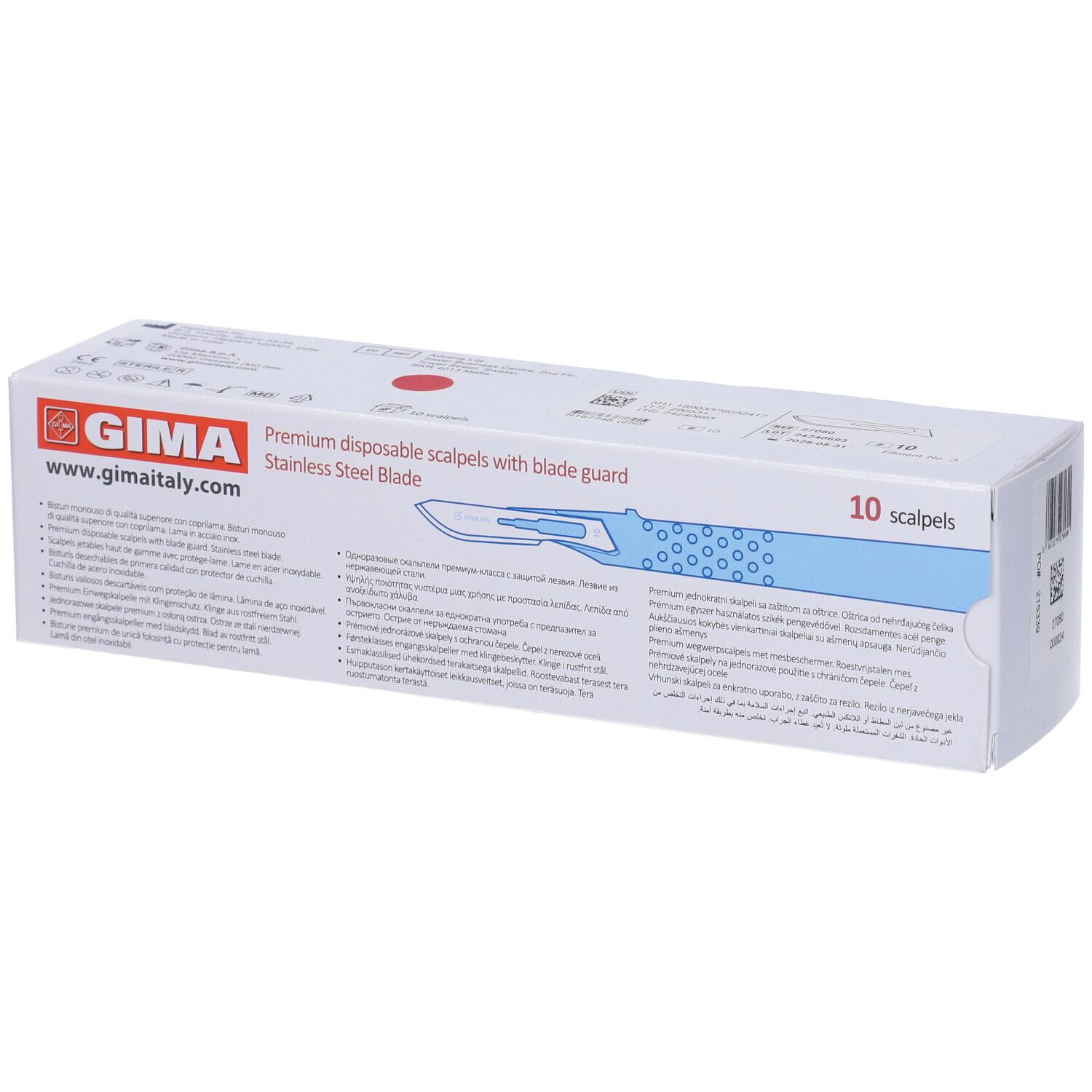 Confezione di 10 bisturi monouso. Scritta: GIMA, bisturi monouso premium con protezione lama, lama in acciaio inox.