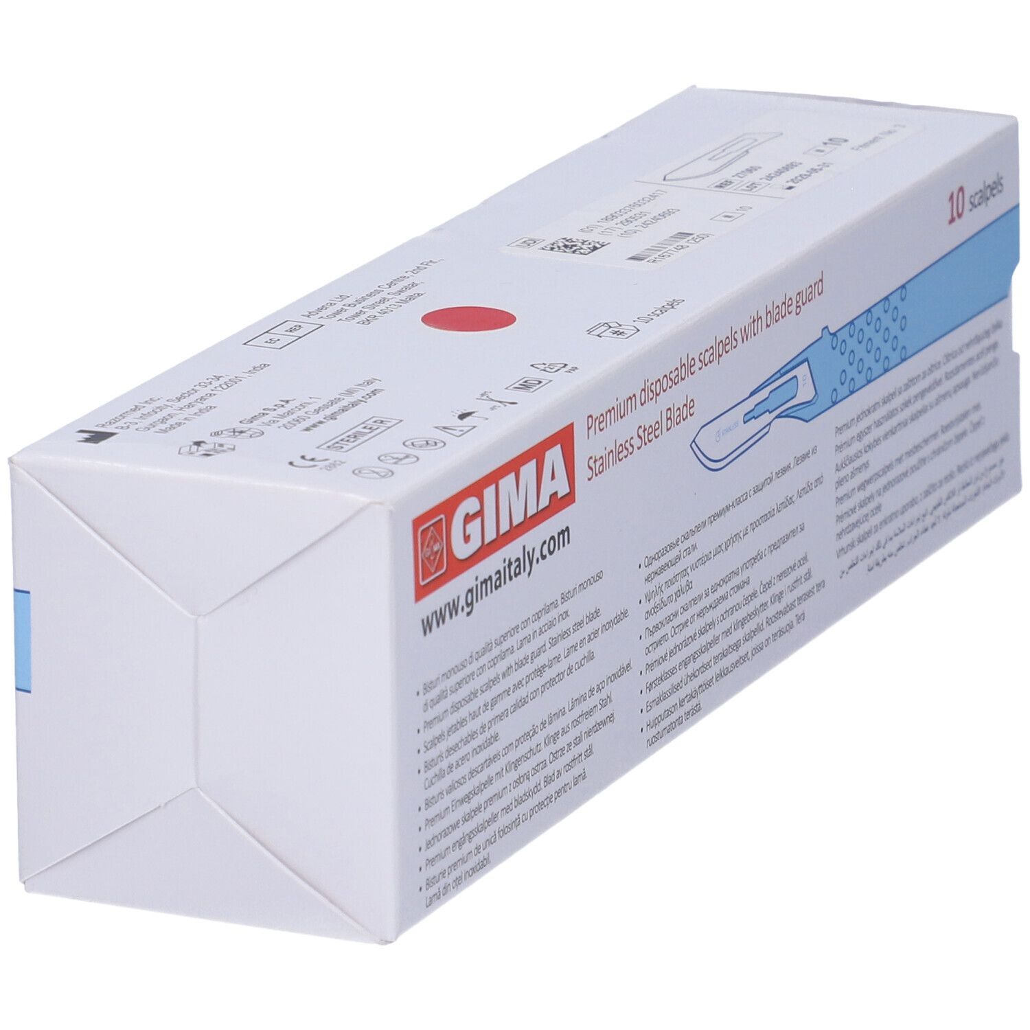 Vista obliqua della confezione di 10 bisturi. Scritta: GIMA, bisturi monouso premium con protezione lama, lama in acciaio inox.
