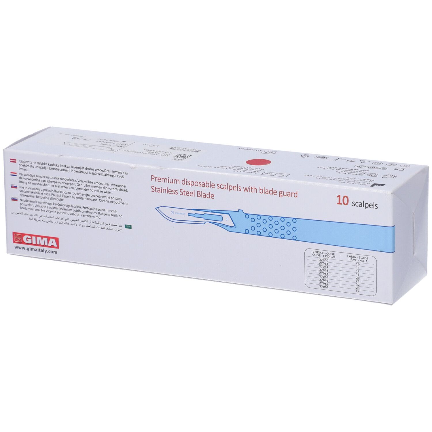 Confezione di 10 bisturi. Scritta: GIMA, bisturi monouso premium con protezione lama, lama in acciaio inox. Dettaglio tabella.