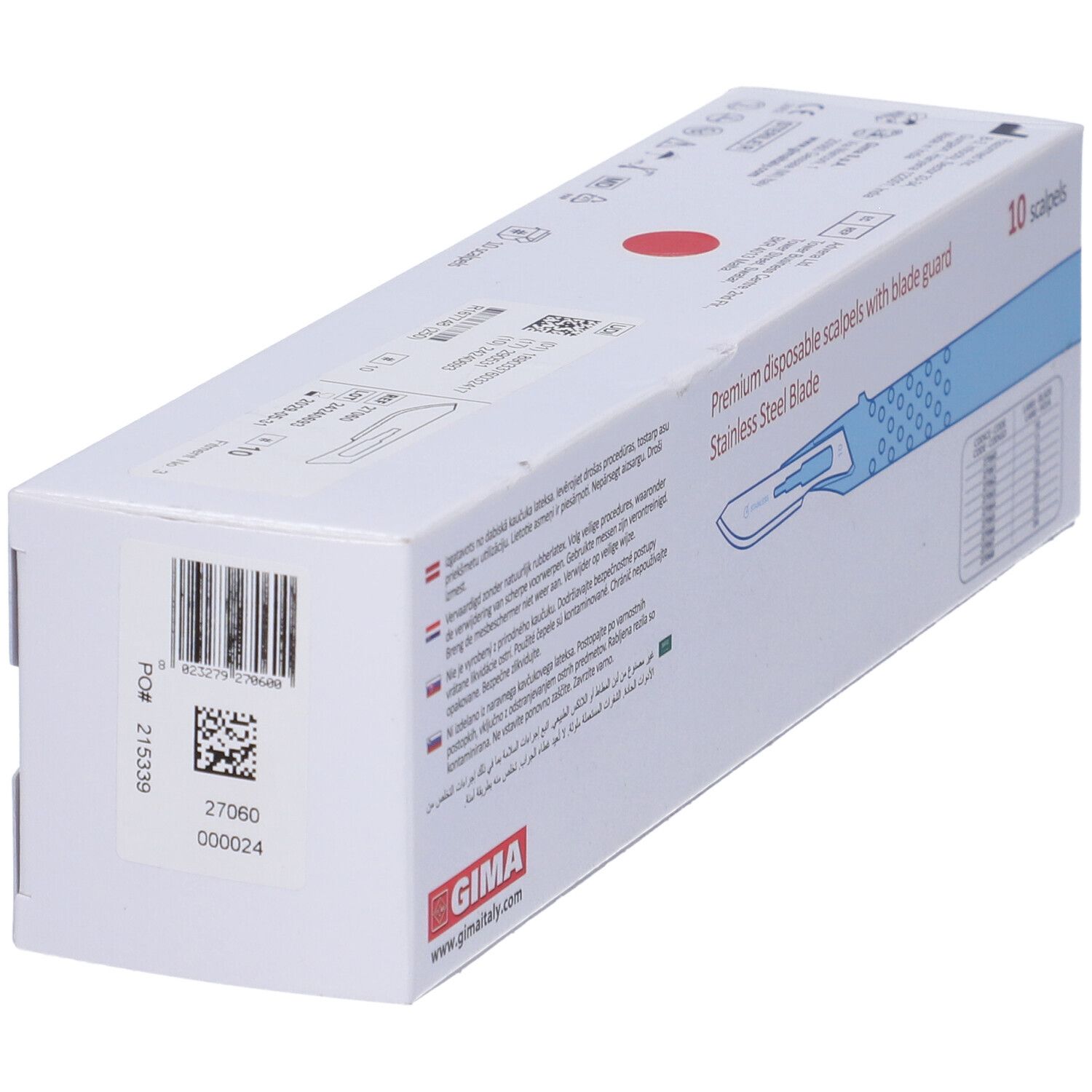 Vista obliqua della confezione di 10 bisturi. Scritta: GIMA, bisturi monouso premium con protezione lama, lama in acciaio inox. Codice a barre.