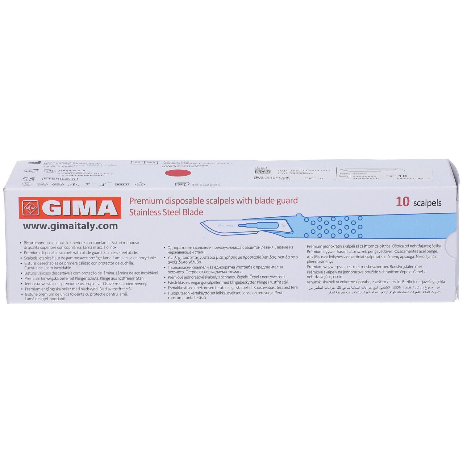 Confezione di 10 bisturi. Scritta: GIMA, bisturi monouso premium con protezione lama, lama in acciaio inox. Testo.