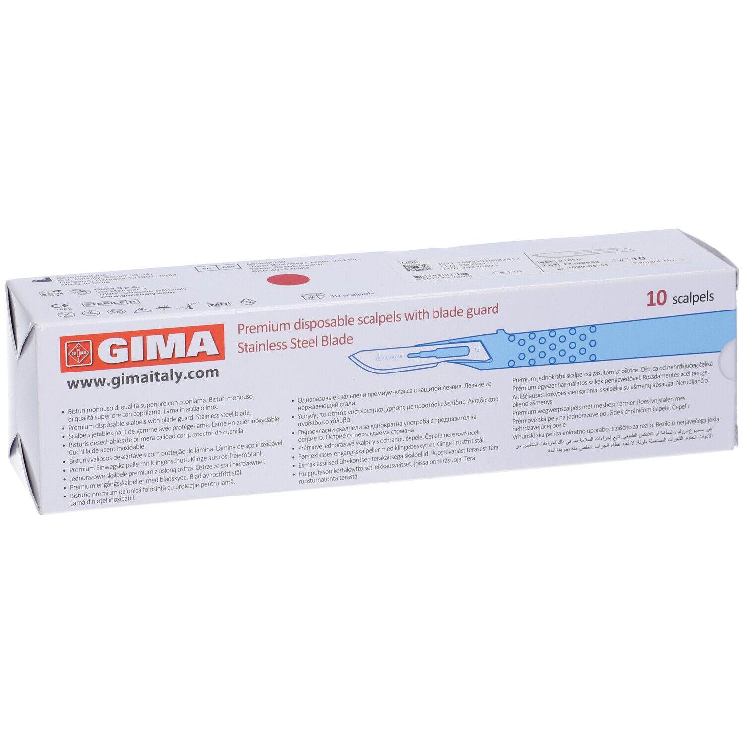 Confezione di 10 bisturi. Scritta: GIMA, bisturi monouso premium con protezione lama, lama in acciaio inox.