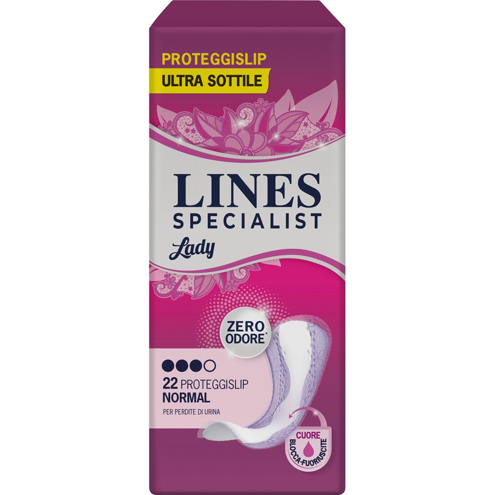 Verpackung von Lines Specialist Lady Proteggislip Normal. Rosa-weißes Design mit Produktabbildung und Text. 22 Stück.