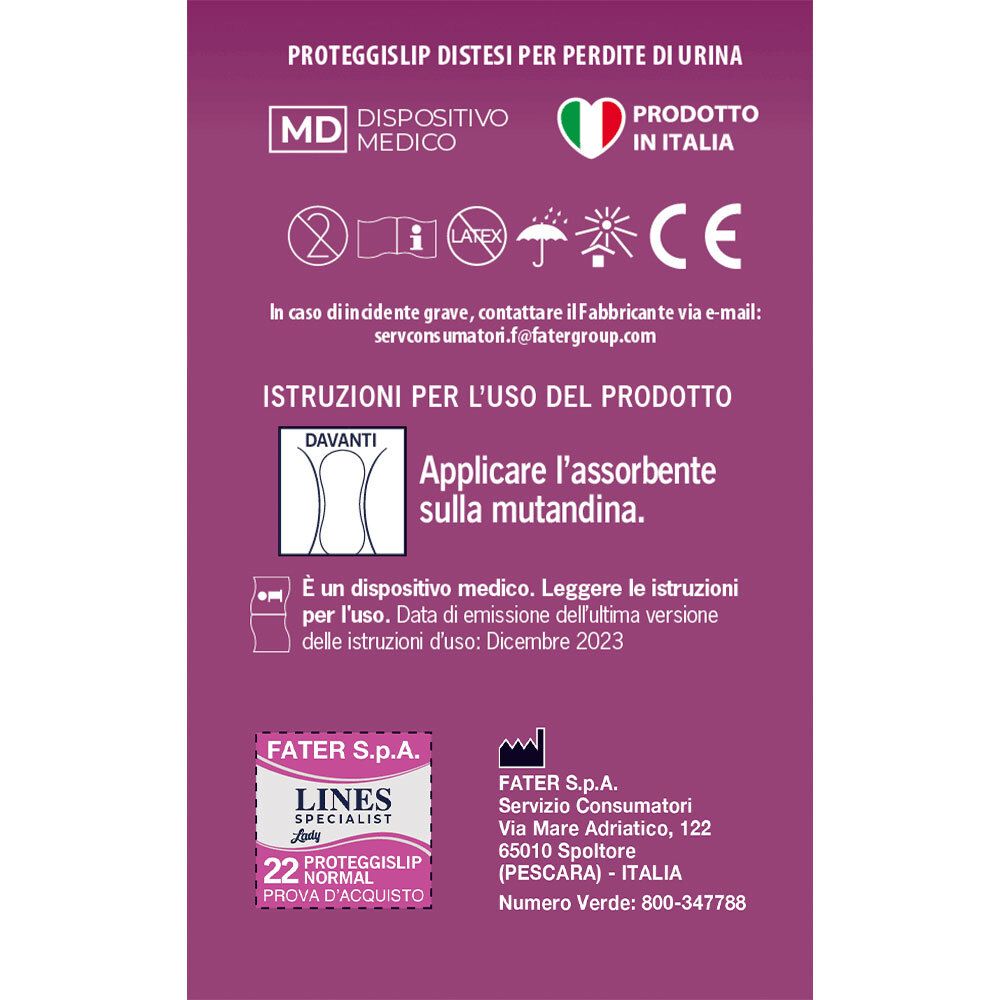 Rückseite der Lines Specialist Lady Proteggislip Normal Verpackung. Medizinprodukt, Hergestellt in Italien, Gebrauchsanweisung.