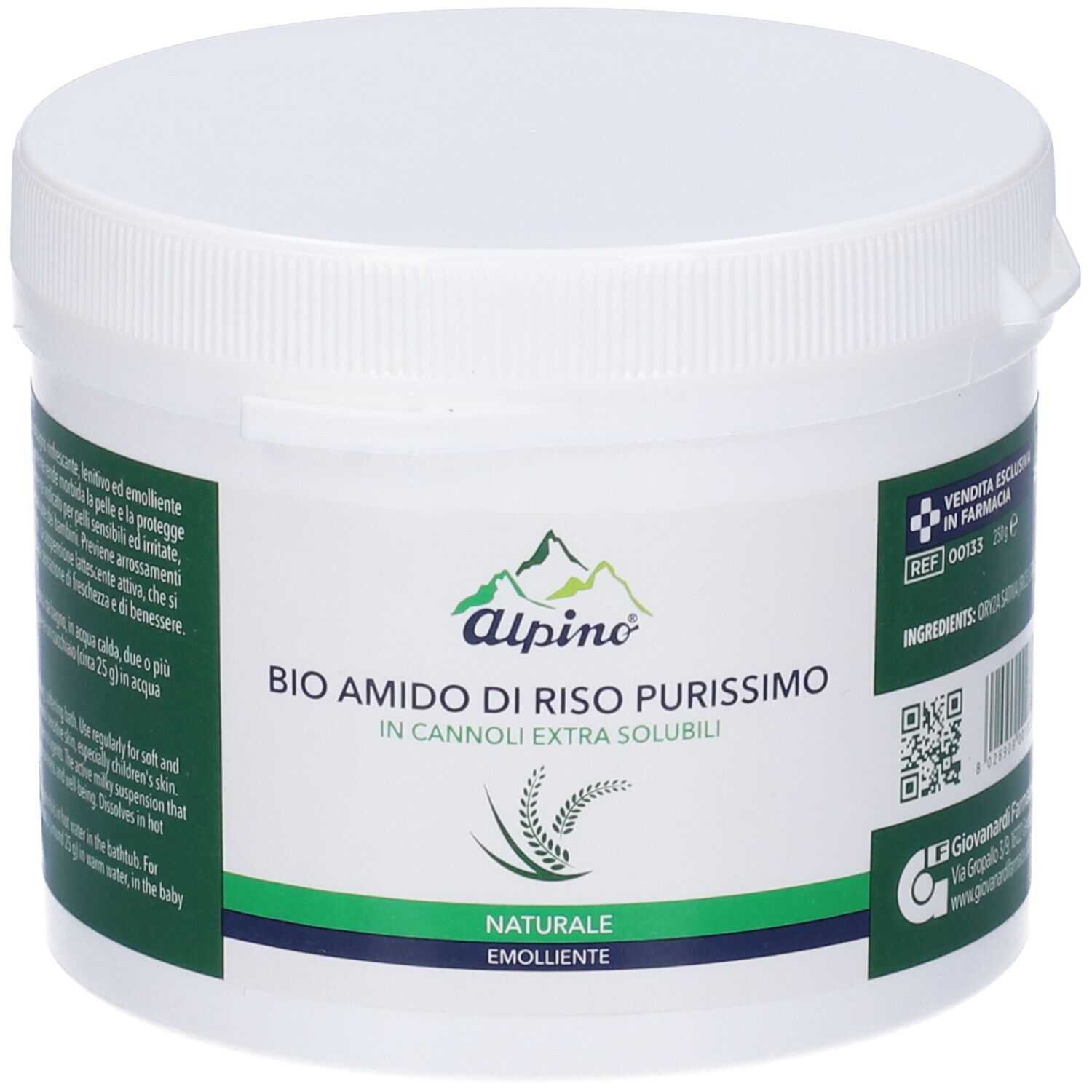 Alpino Bio Reisstärke, extra lösliche Granulate in weißem Behälter.