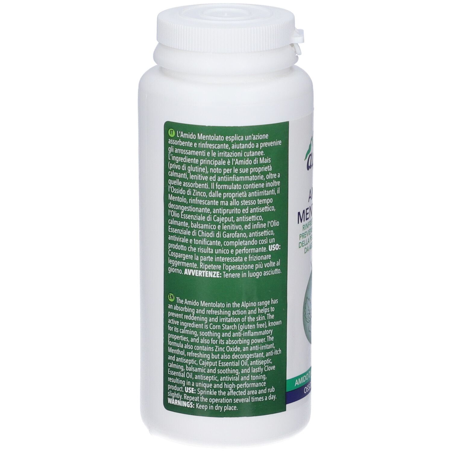 Rückseite der Alpino Amido Mentolato Dose mit Produktinformationen.