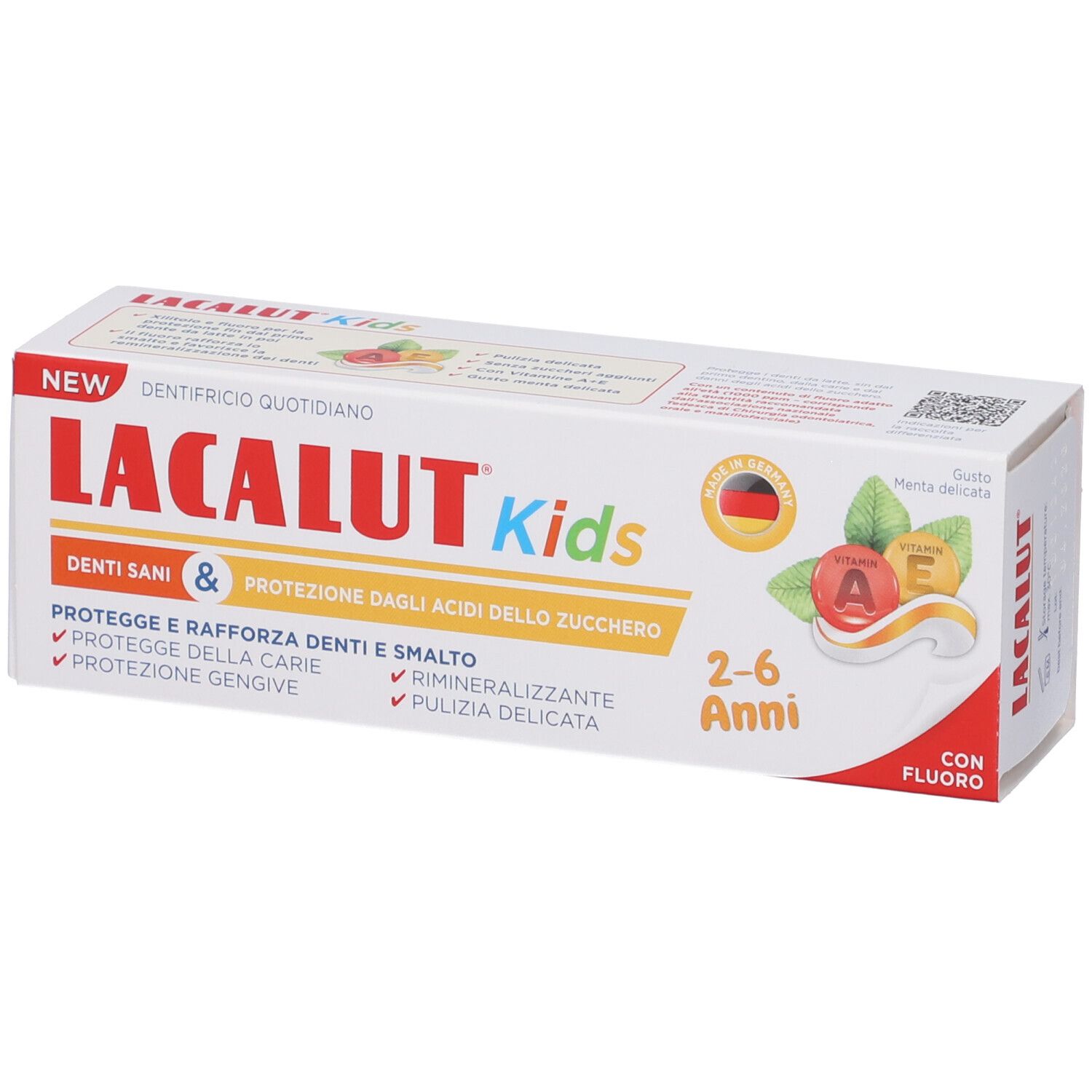 Confezione di dentifricio. Scritta LACALUT Kids, 2-6 Anni, con fluoro. Contiene vitamine A ed E. Bandiera tedesca.