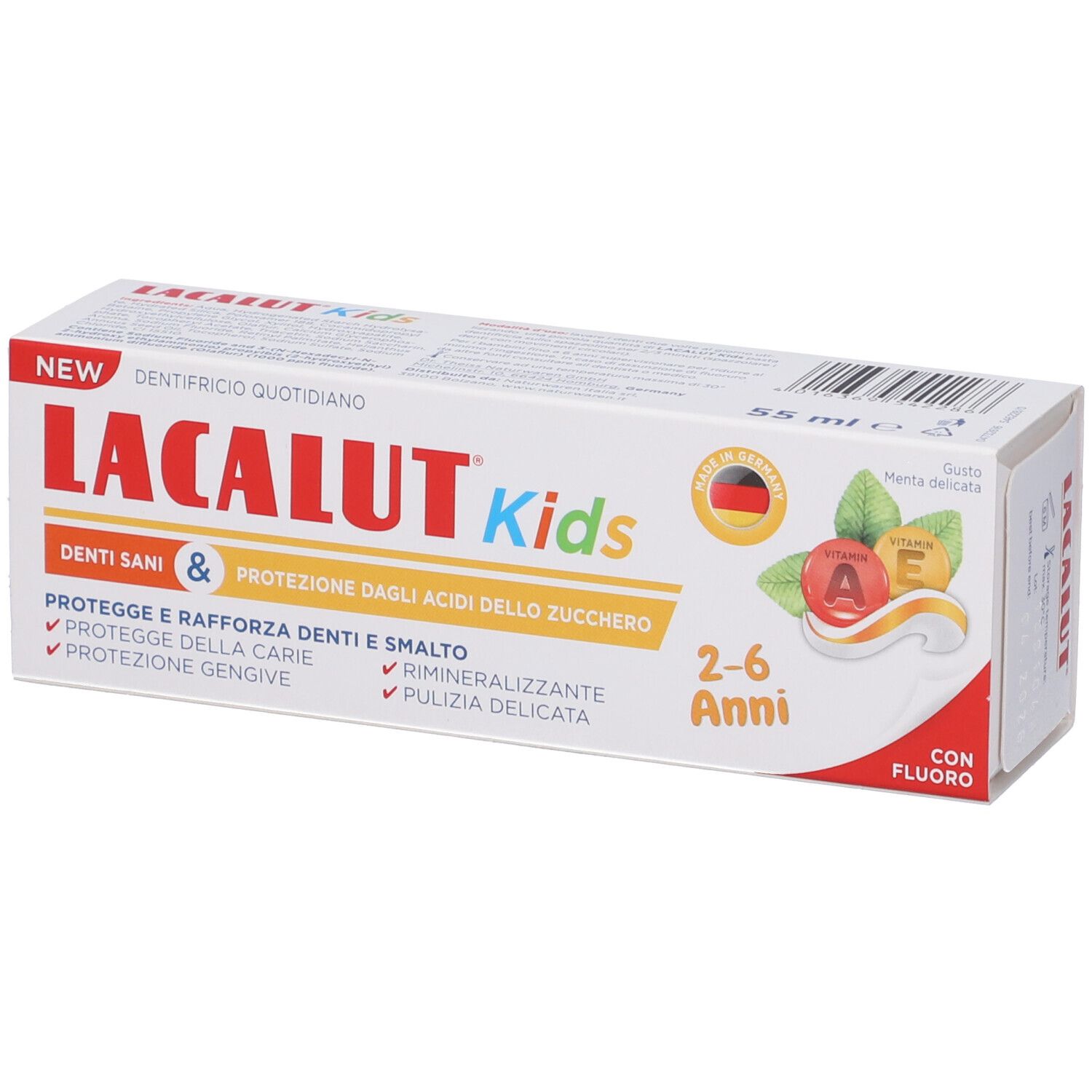 Confezione di dentifricio. Scritta LACALUT Kids, 2-6 Anni, con fluoro. Contiene vitamine A ed E. Bandiera tedesca.