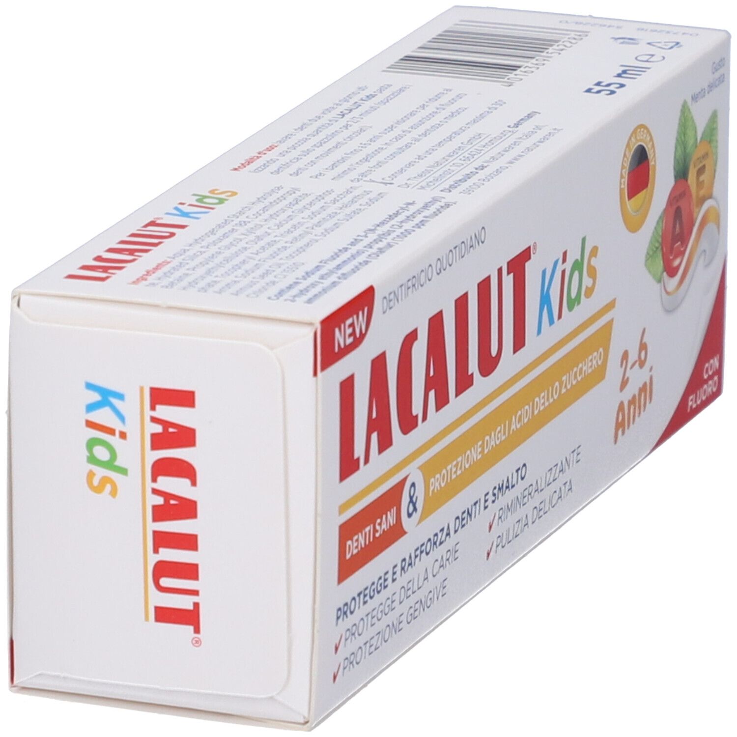 Confezione di dentifricio. Scritta LACALUT Kids, 2-6 Anni, con fluoro. Contiene vitamine A ed E. Bandiera tedesca.