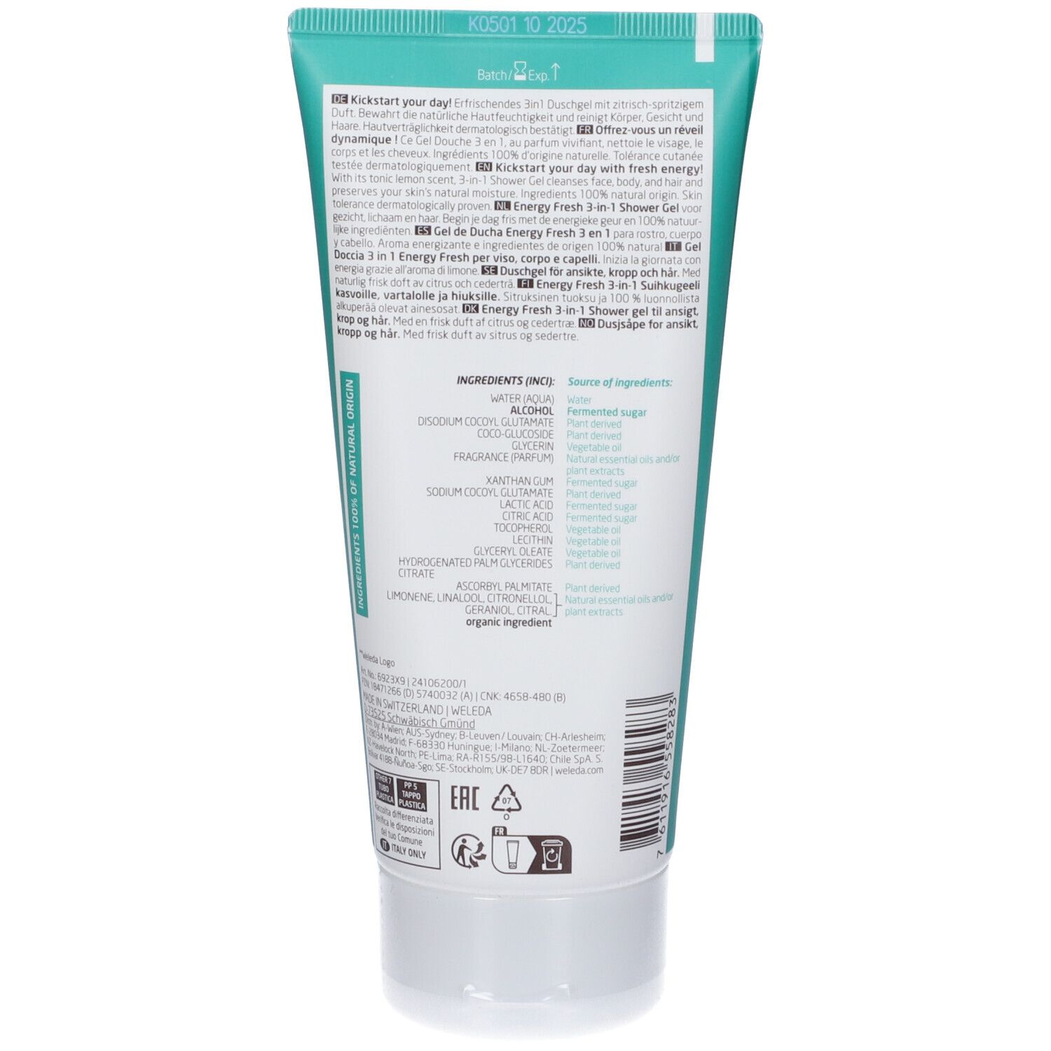 Retro del tubo Weleda For Men Energy Fresh. Testo: Ingredienti, gel doccia 3 in 1, certificazione bio, simbolo riciclo.