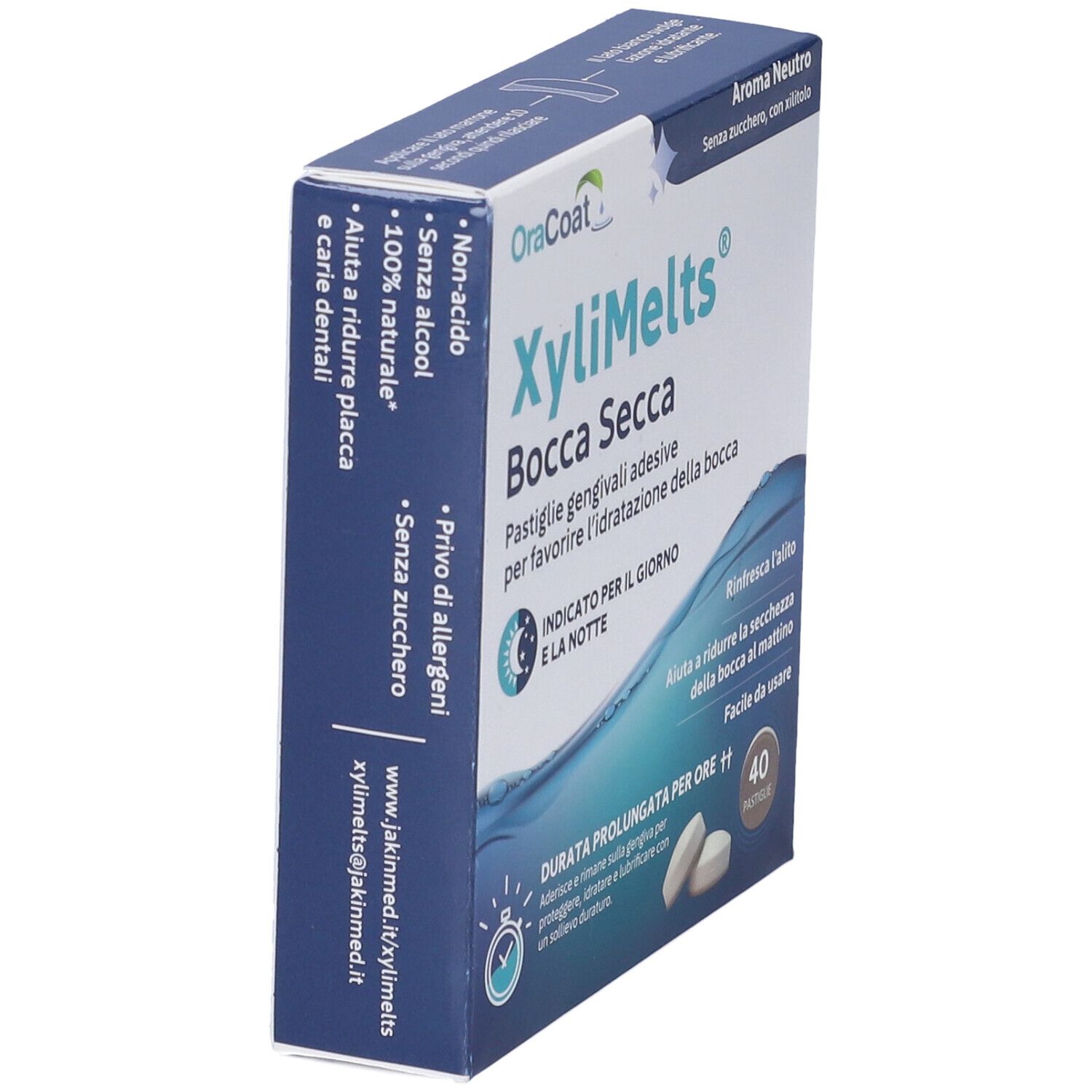 Schachtel XyliMelts, Seitenansicht. Text: Bocca Secca, 40 Pastiglie. Aufschrift: OraCoat.  Zwei Pastillen sichtbar.