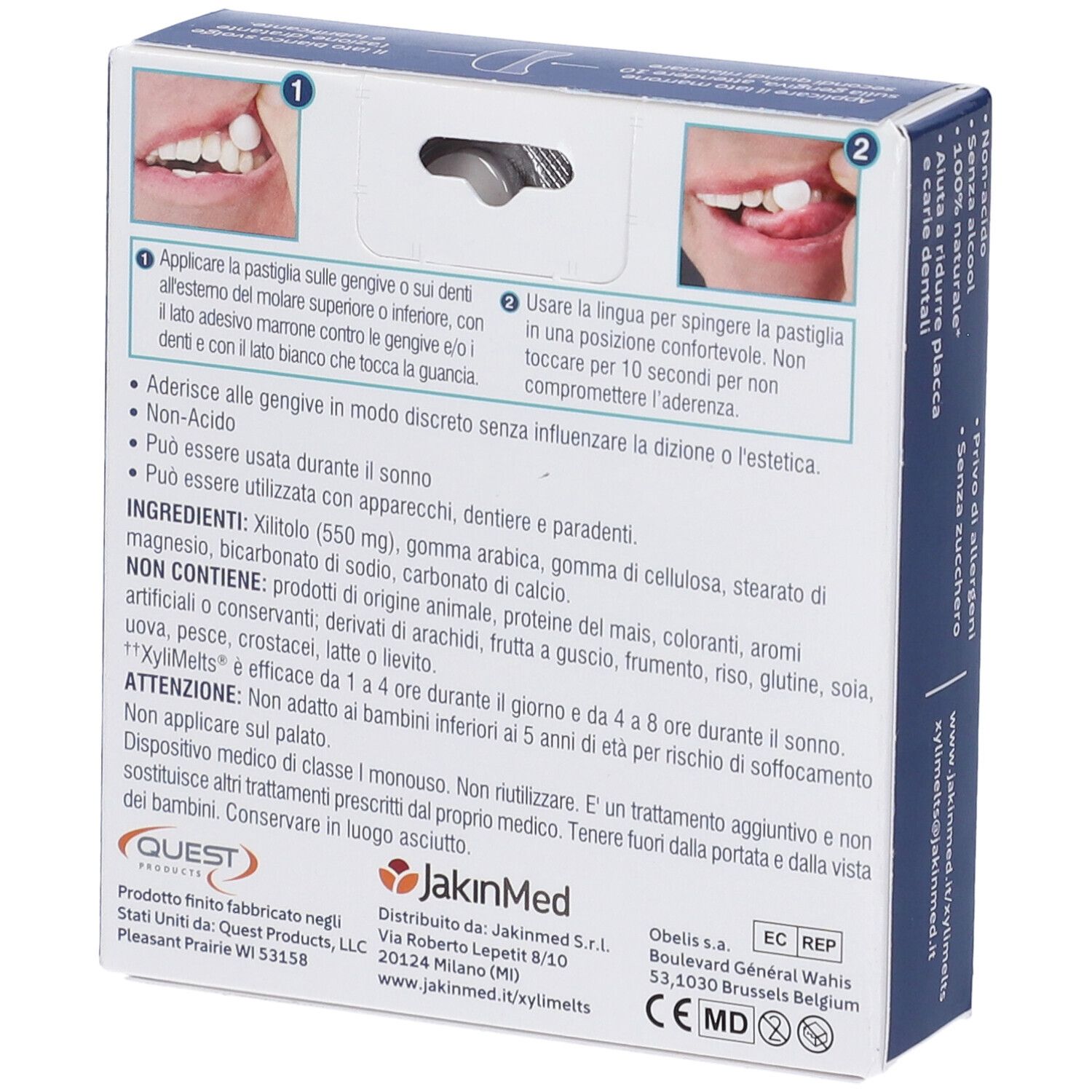Rückseite der XyliMelts-Verpackung. Text und Illustrationen zur Anwendung. Inhaltsstoffe und Warnhinweise.