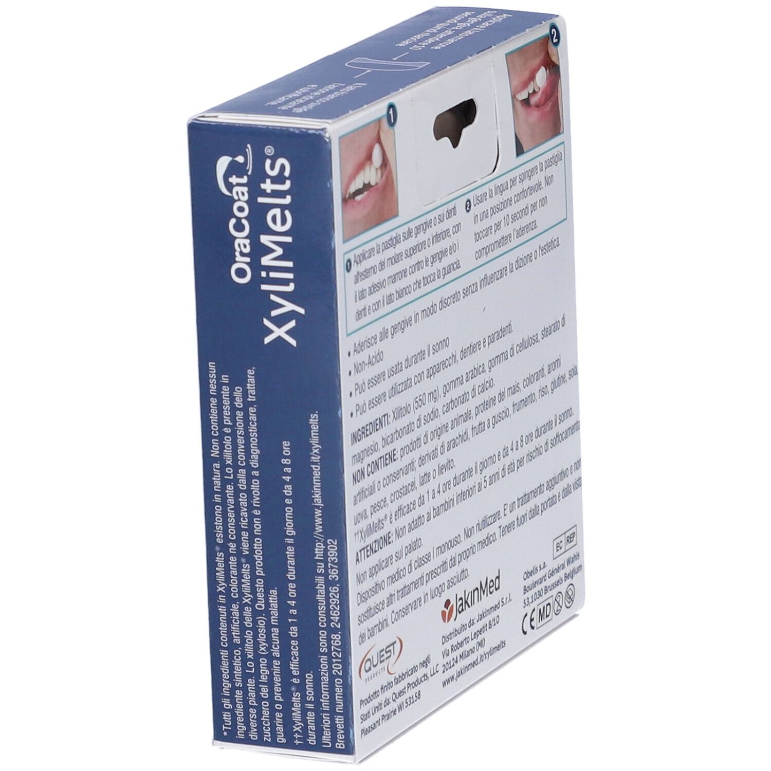XyliMelts-Verpackung, Rückseite, schräg. Text und Illustrationen zur Anwendung. JakinMed-Logo.