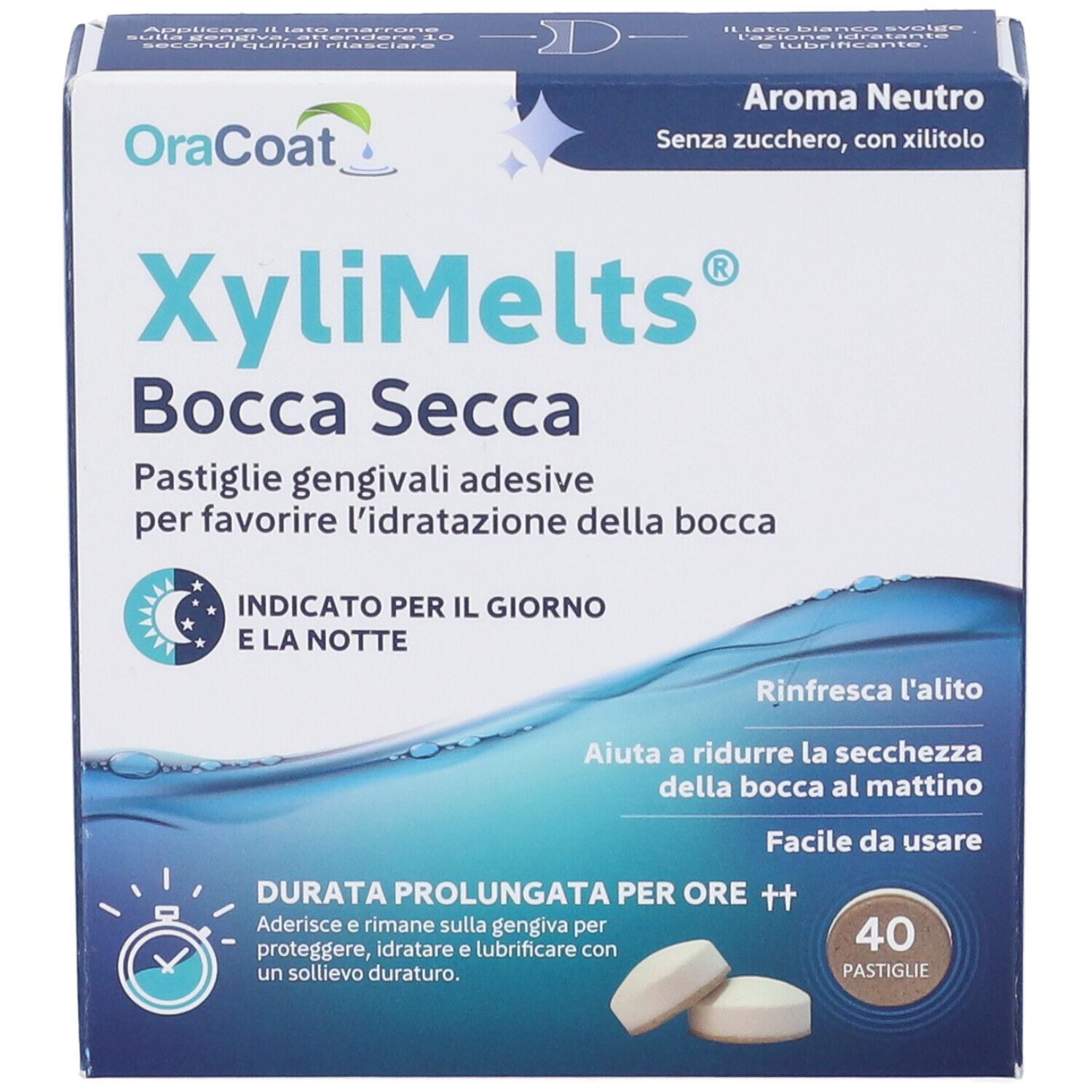 Schachtel XyliMelts, 40 Pastillen. Text: Bocca Secca, Aroma Neutro. Zwei Pastillen liegen auf der Verpackung.