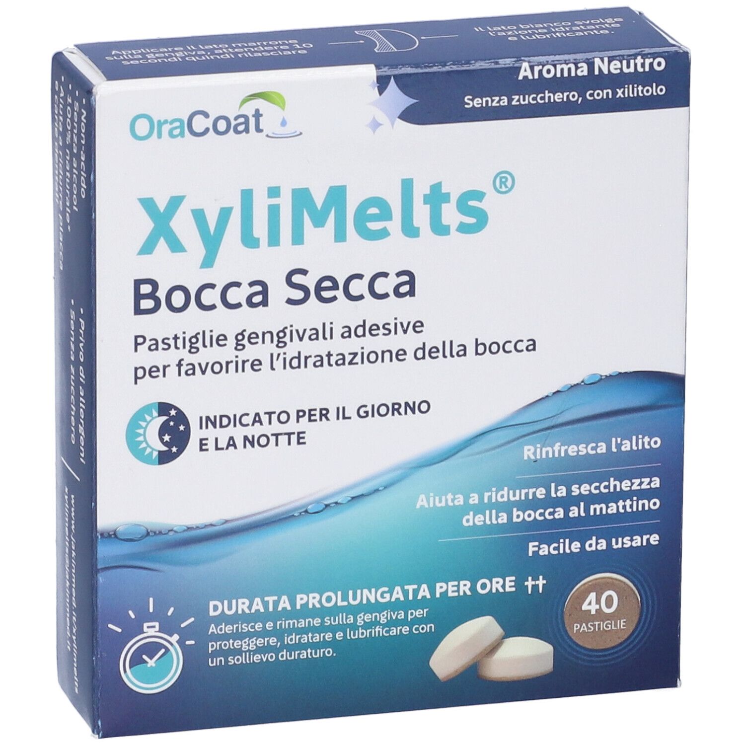 Schachtel XyliMelts, 40 Pastillen. Text: Bocca Secca, Aroma Neutro. Zwei Pastillen liegen auf der Verpackung.