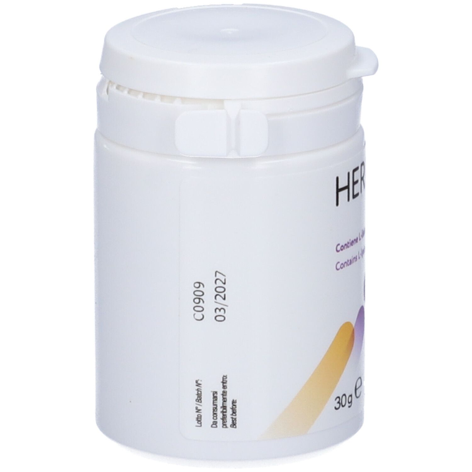 Weiße Dose mit Deckel. Aufschrift HERPLESS plus, 30g. Enthält L-Lysin und Kolostrum. Marke: Candioli.