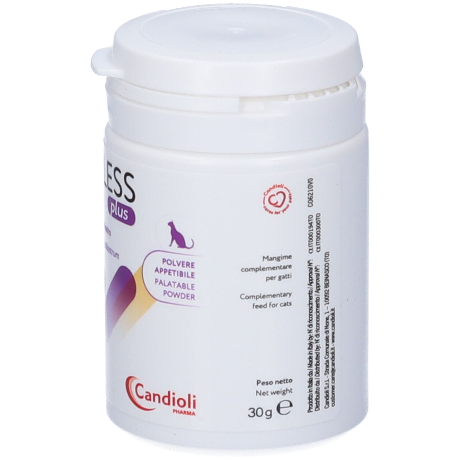 Weiße Dose mit Deckel. Aufschrift HERPLESS plus, 30g. Enthält L-Lysin und Kolostrum. Marke: Candioli.