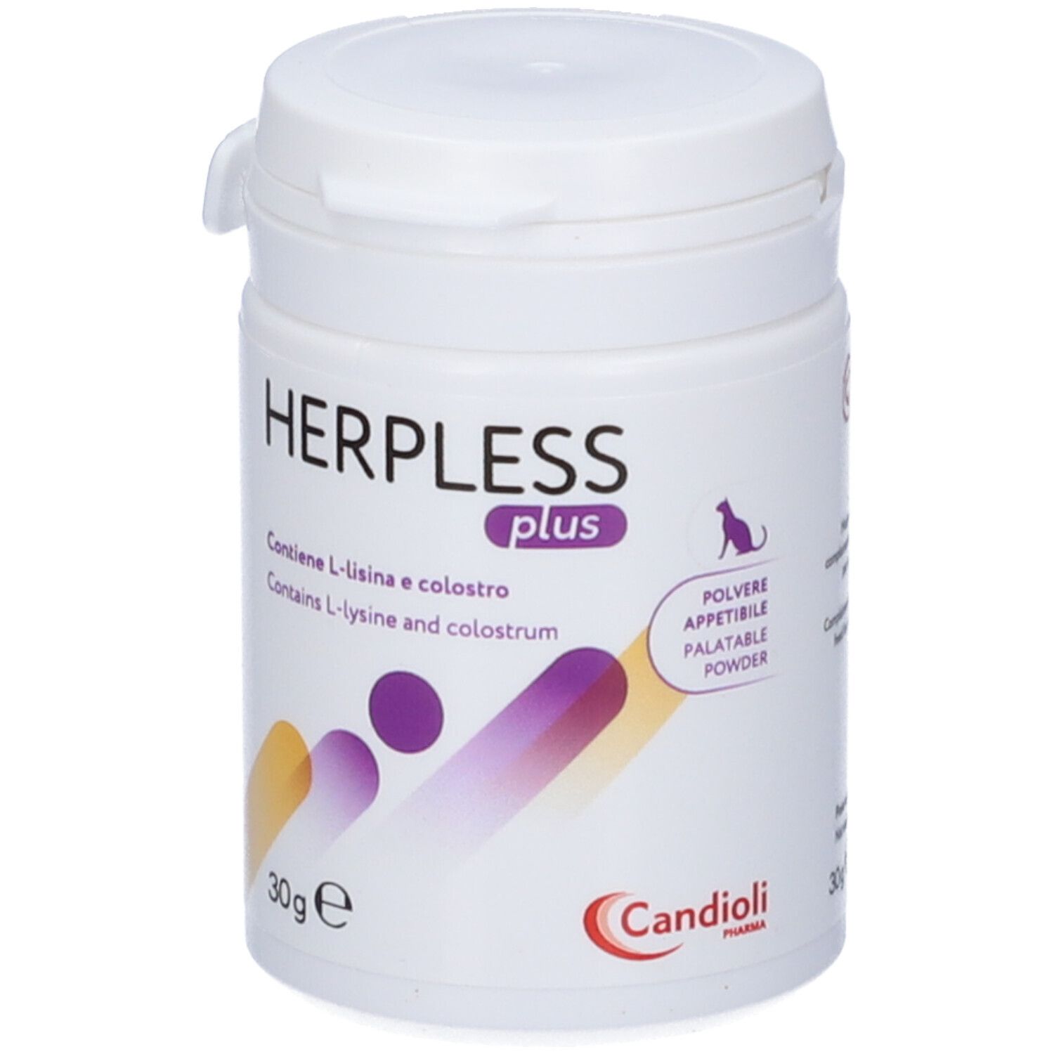 Weiße Dose mit Deckel. Aufschrift HERPLESS plus, 30g. Enthält L-Lysin und Kolostrum. Marke: Candioli.