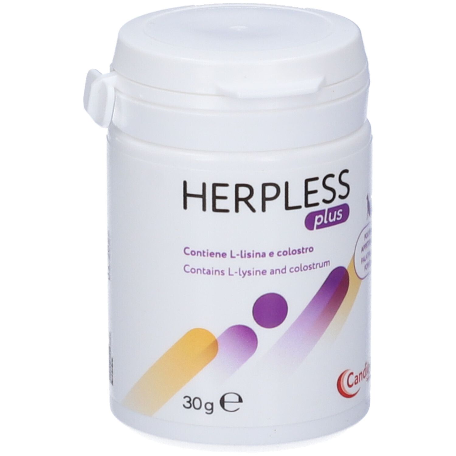 Weiße Dose mit Deckel. Aufschrift HERPLESS plus, 30g. Enthält L-Lysin und Kolostrum. Marke: Candioli.