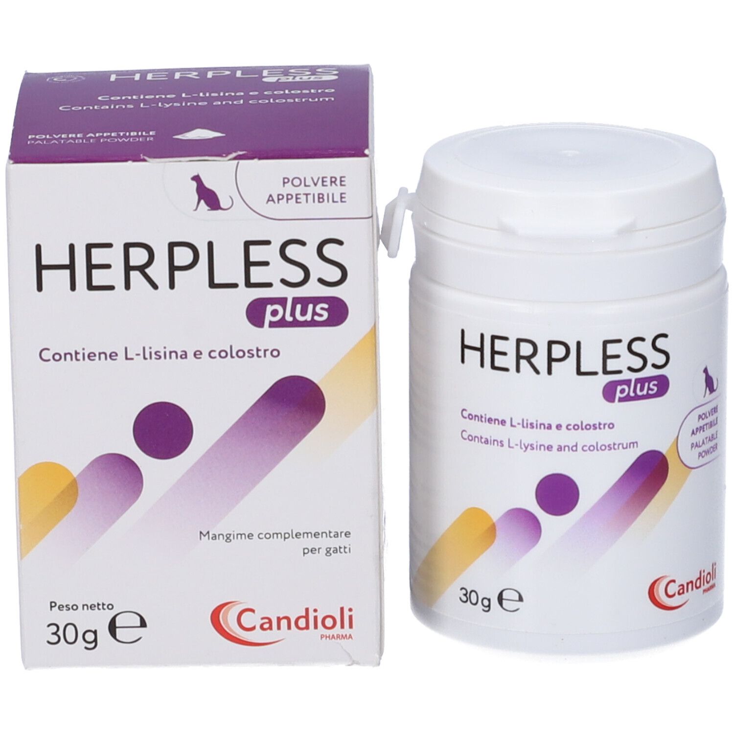 Produktverpackung und Dose. Aufschrift HERPLESS plus, 30g. Enthält L-Lysin und Kolostrum. Marke: Candioli.