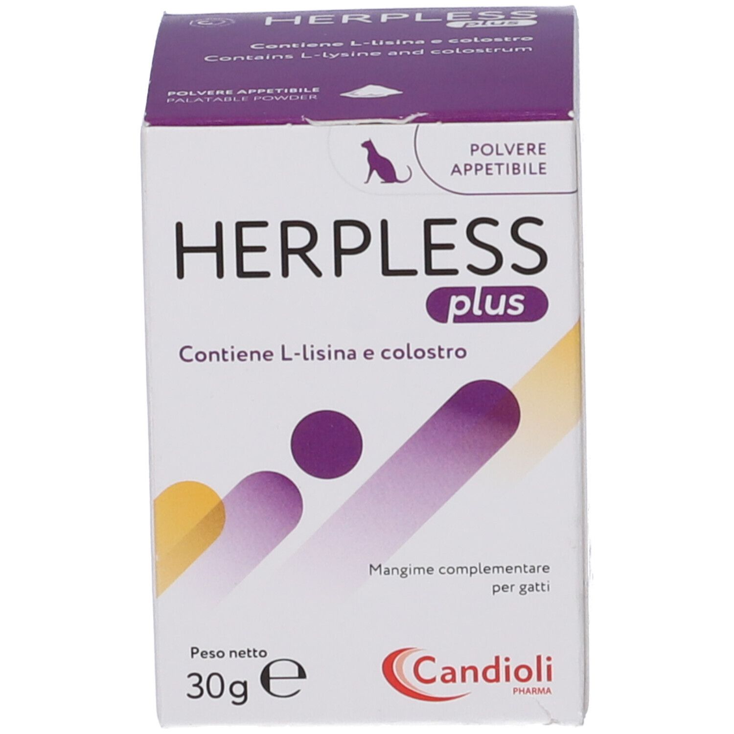 Produktverpackung. Aufschrift HERPLESS plus, 30g. Enthält L-Lysin und Kolostrum. Marke: Candioli.