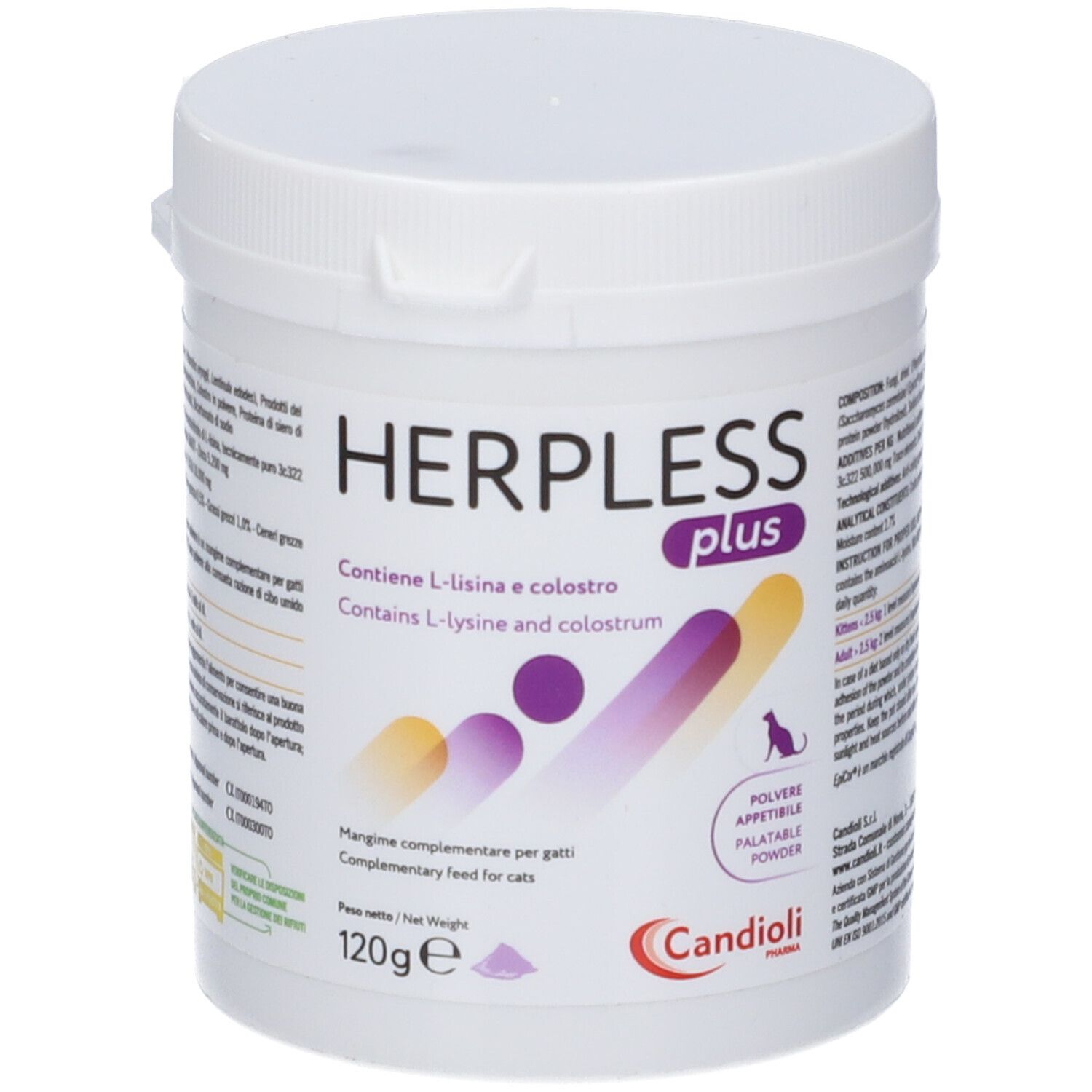 Barattolo bianco HERPLESS plus. Contiene L-lisina e colostro. 120g. Marca: Candoli.
