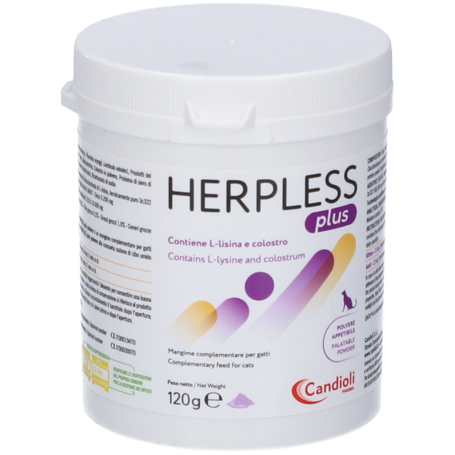 Barattolo bianco HERPLESS plus. Contiene L-lisina e colostro. 120g. Marca: Candoli.